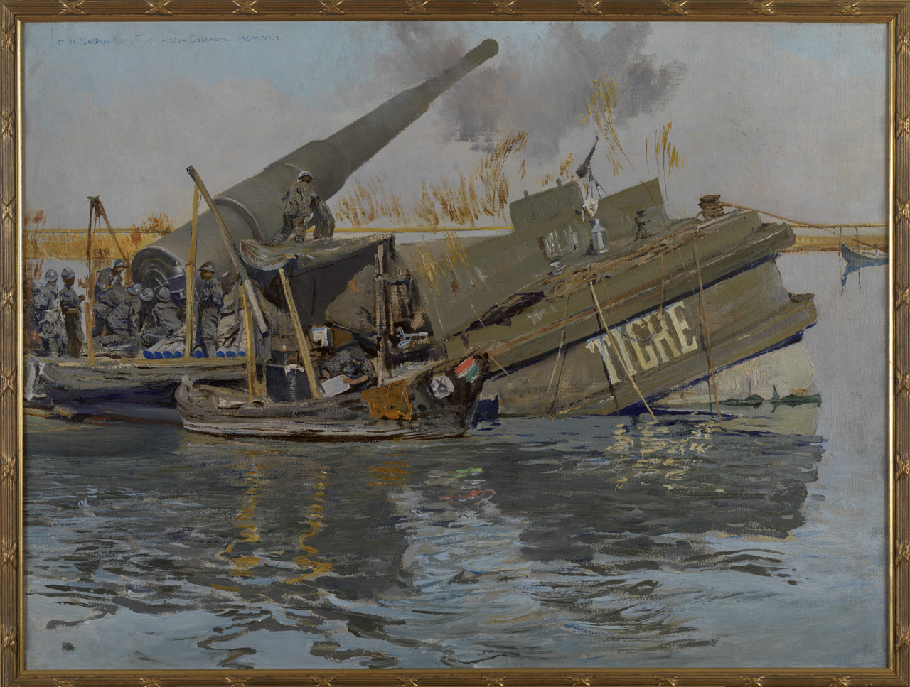 Tigre, Il Pontone Tigre a Canal Cenesa, soldati sul pontone (dipinto) di Sartorio Giulio Aristide (sec. XX)