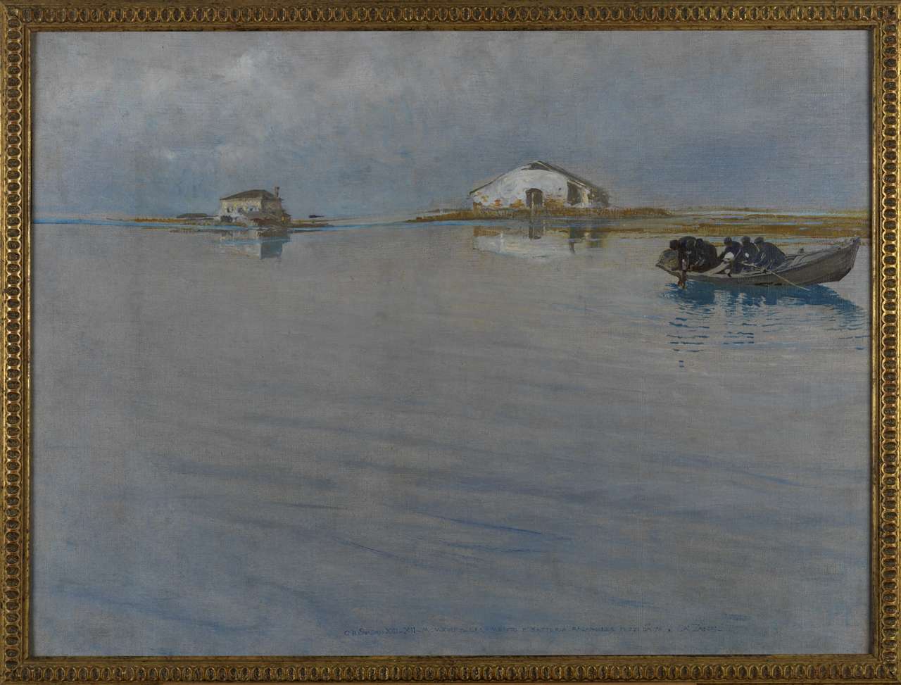 Allagamento e Batteria Raganelle, San Nazzario sul Brenta, paesaggio allagato con imbarcazione (dipinto) di Sartorio Giulio Aristide (sec. XX)