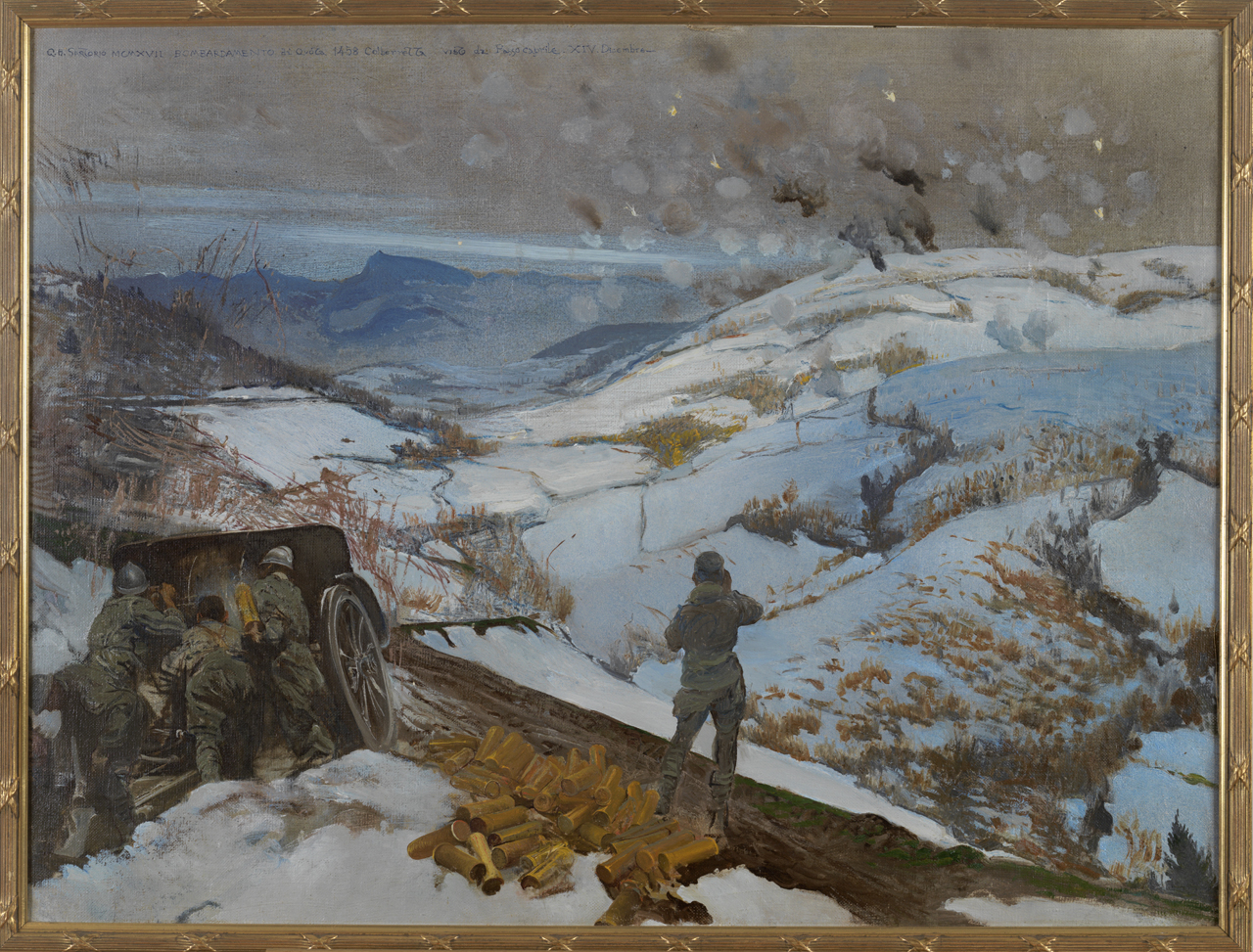 Bombardamento di Quota, Azione austriaca a Col Berretta, soldati in azione (dipinto) di Sartorio Giulio Aristide (sec. XX)