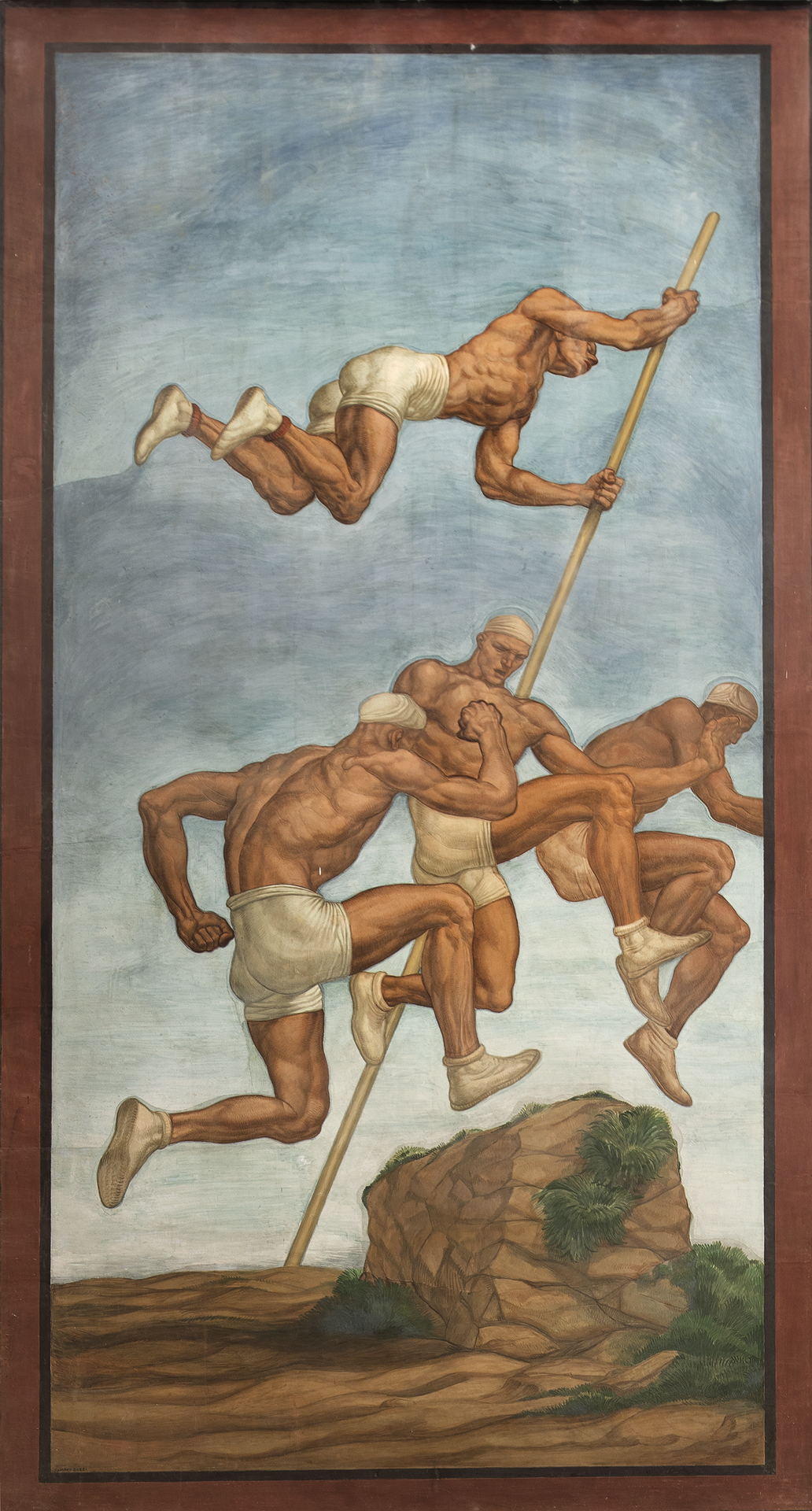 Salto in alto, Salto con l'asta, I Saltatori, saltatori con l'asta (dipinto) di Dazzi Romano (e aiuti), Majoli Giovanni (attribuito) (sec. XX)