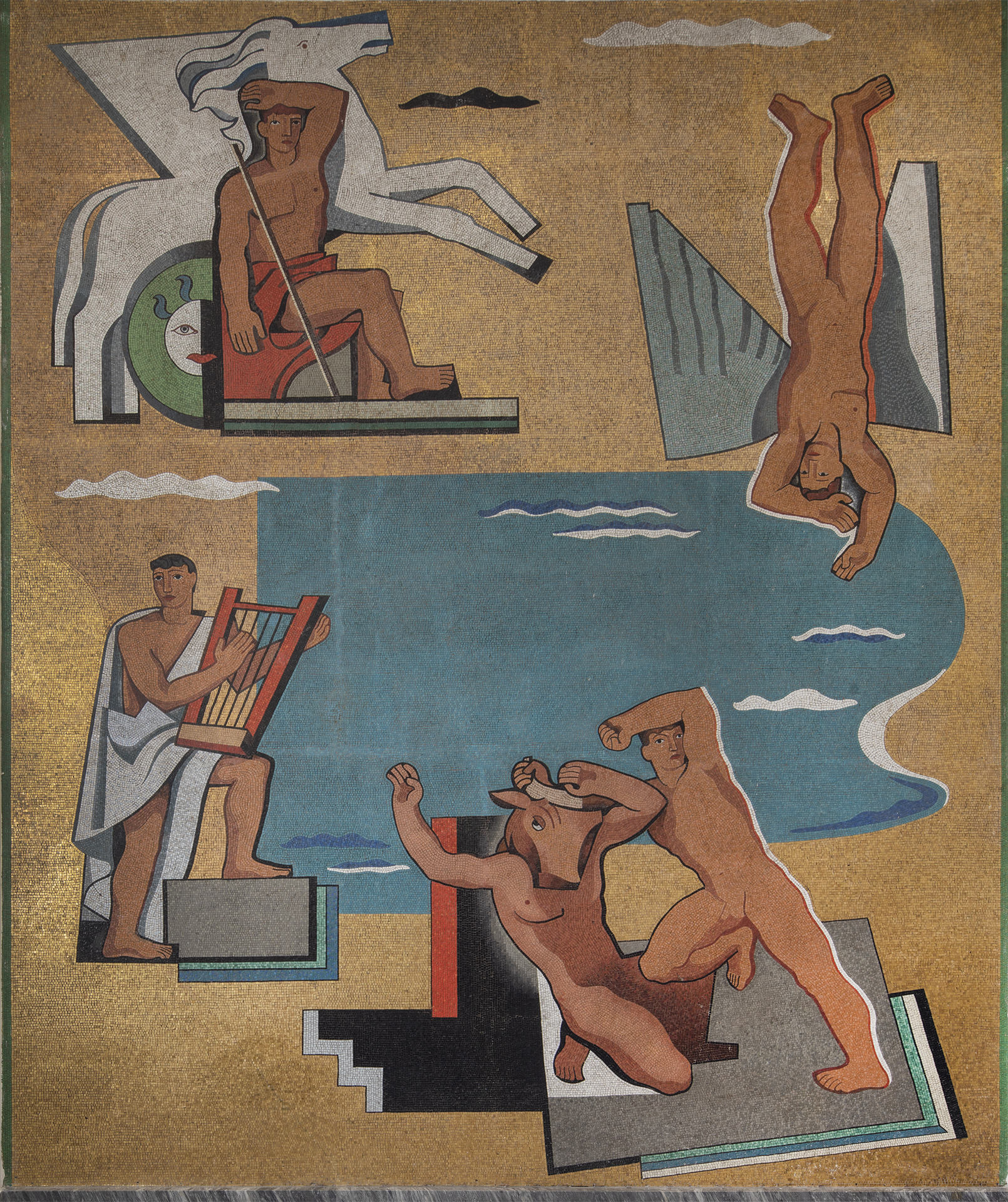 Pegaso e Bellerofonte; caduta di Icaro; Teseo uccide il Minotauro; Orfeo (decorazione musiva) di Canevari Angelo, Scuola Mosaicisti del Friuli (sec. XX)