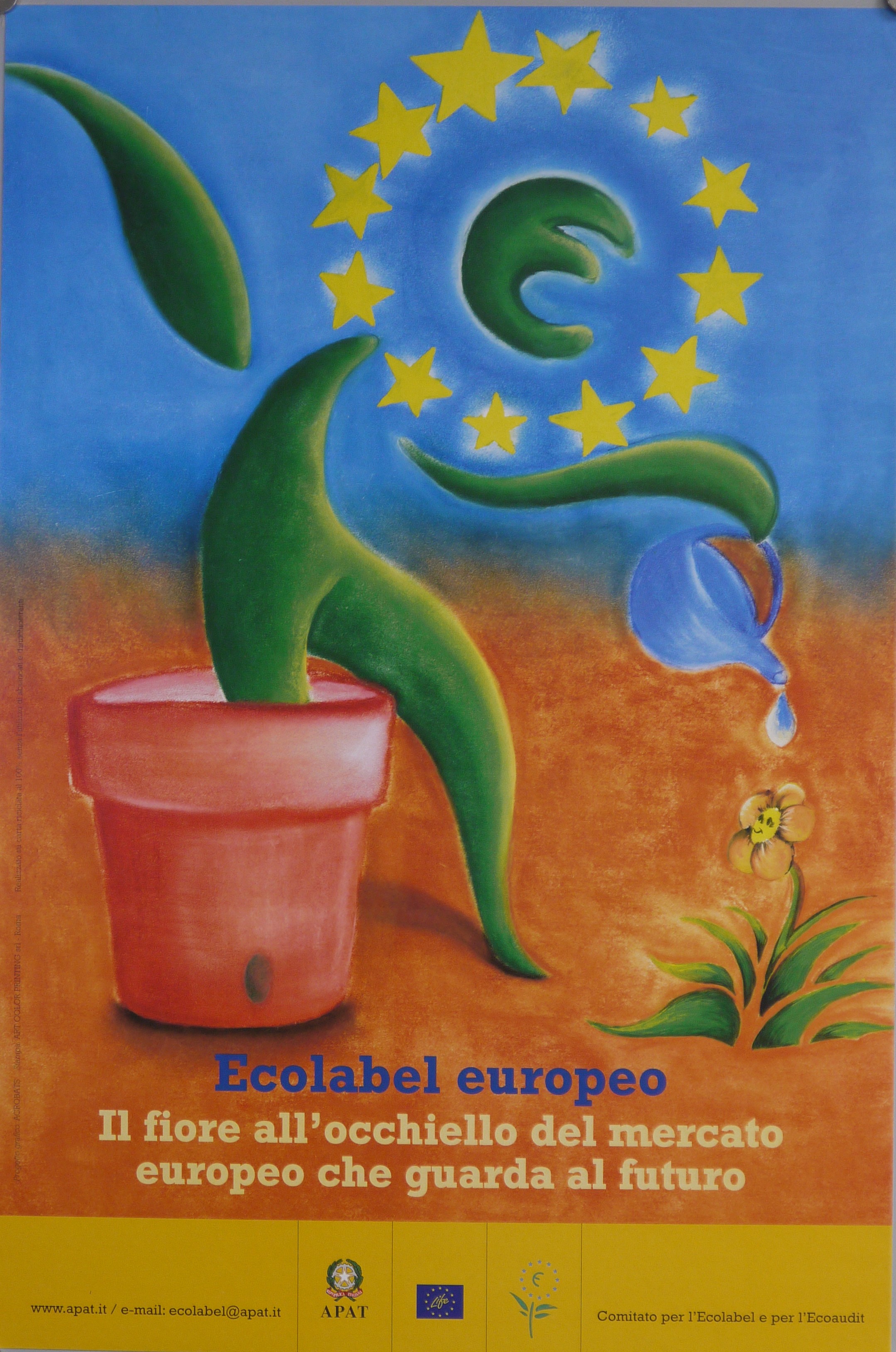 il "fiore dell'Europa" esce dal suo vaso per annaffiare un fiore di campo sorridente (manifesto) di Acrobats - ambito romano (inizio XXI)