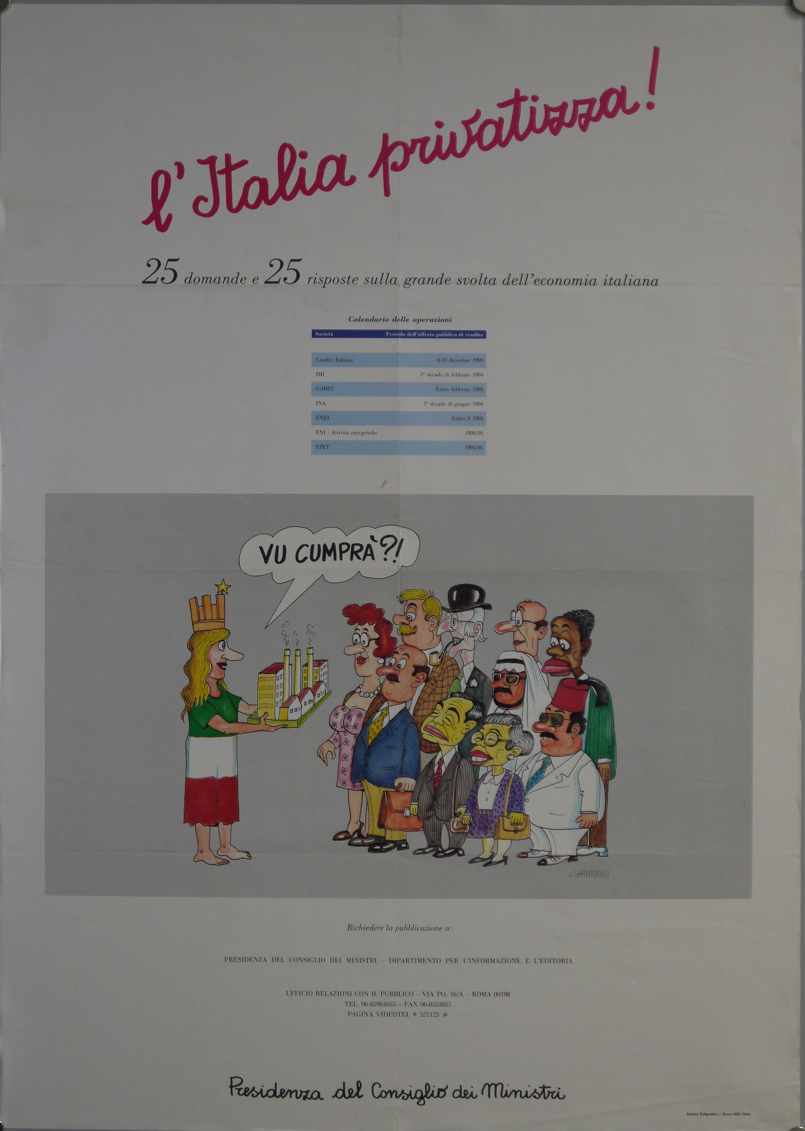l'Italia rappresentata come giovane donna bionda vestita col tricolore e con copricapo turrito e stella fornito di stella a cinque punte mette in vendita le sue industrie di fronte a una folla composta da uomini e donne di varia nazionalità (manifesto) di Giannelli Emilio - ambito toscano (fine XX)