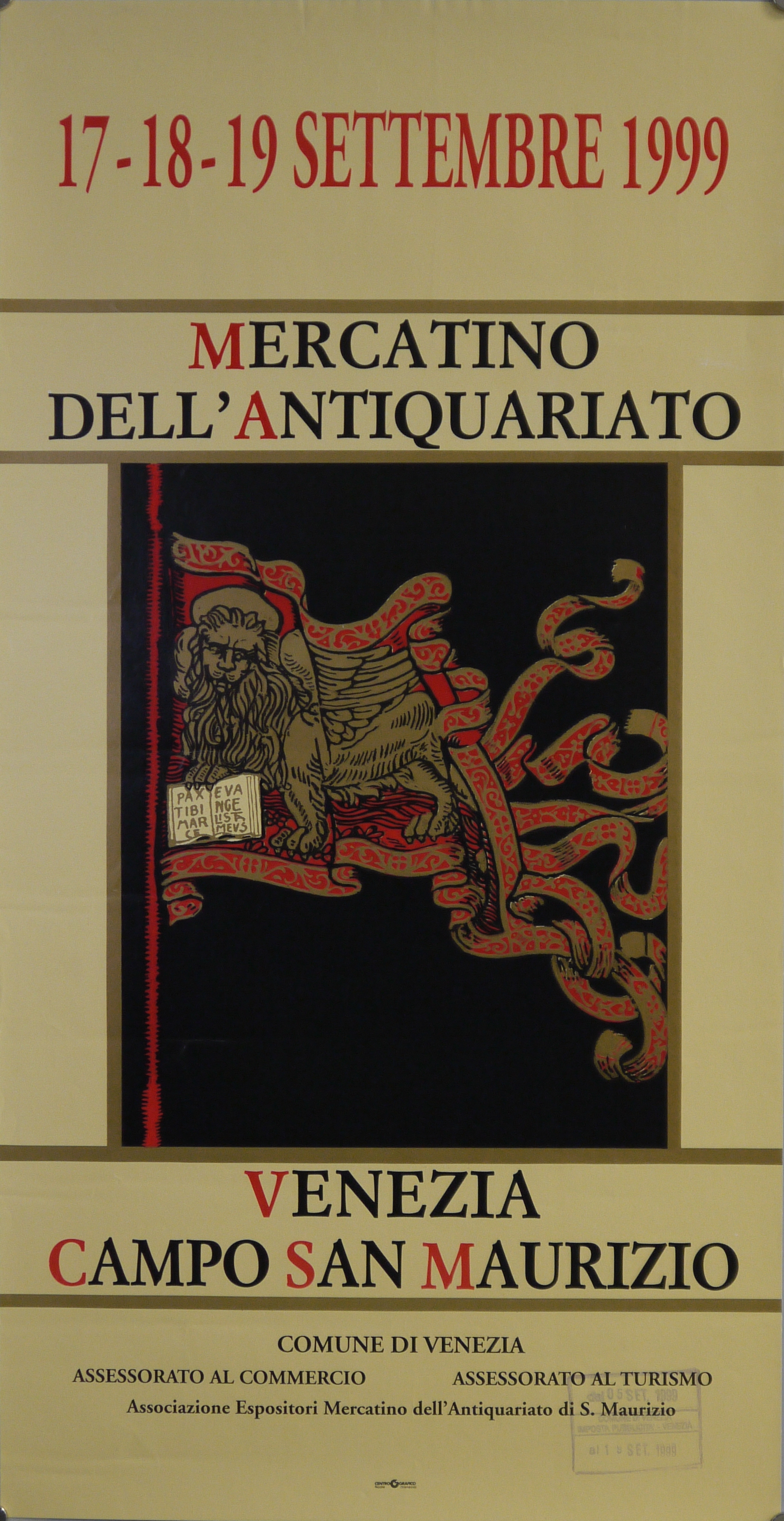 su fondo nero, stendardo della Repubblica Serenissima con leone alato marciano stante con libro aperto sorretto con la zampa destra (locandina) - ambito veneto (fine XX)