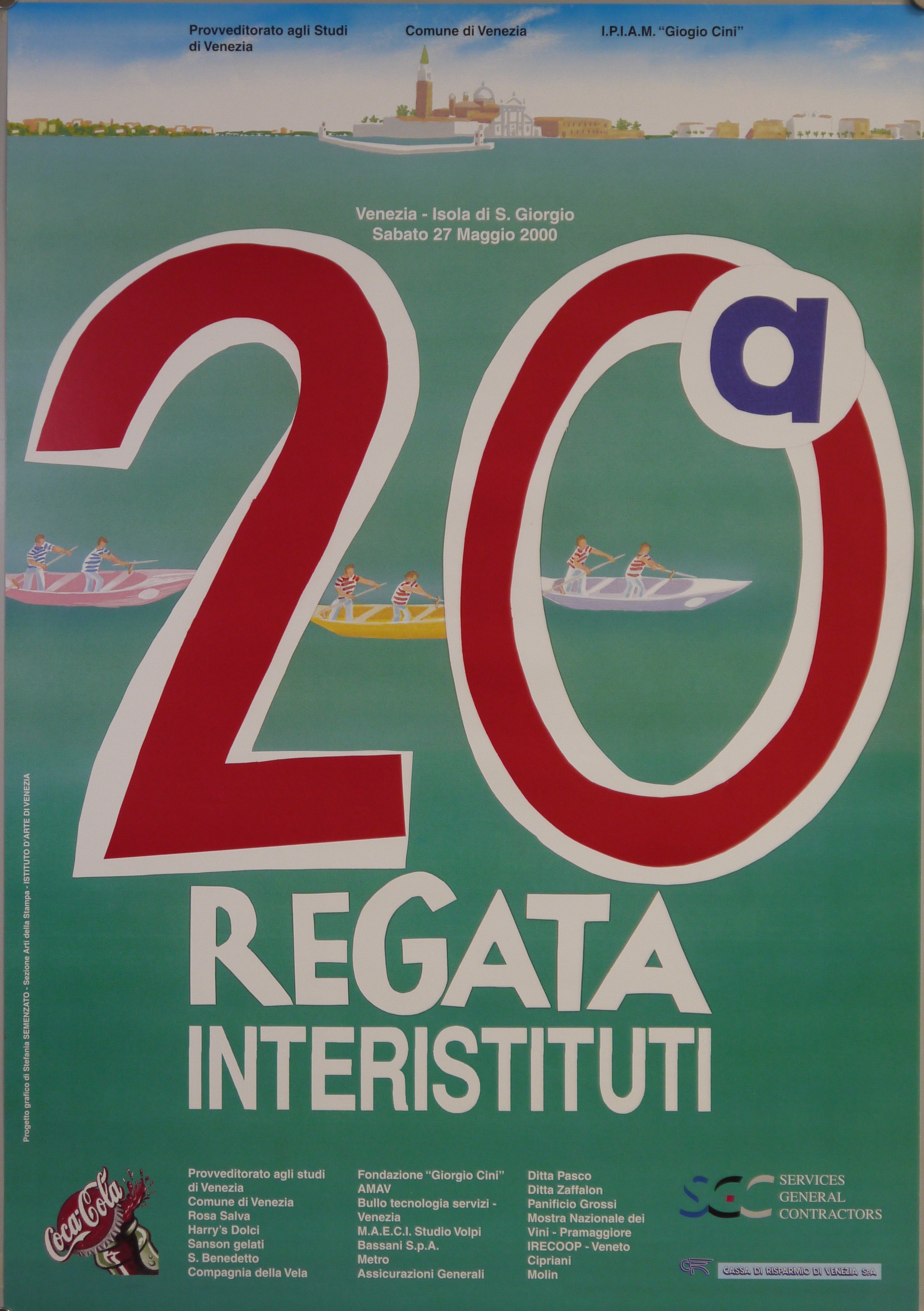 tre mascarete veneziane in gara davanti San Giorgio Maggiore; grande numero "20" in primo piano (manifesto) di Semenzato Stefania - ambito veneto (fine XX)