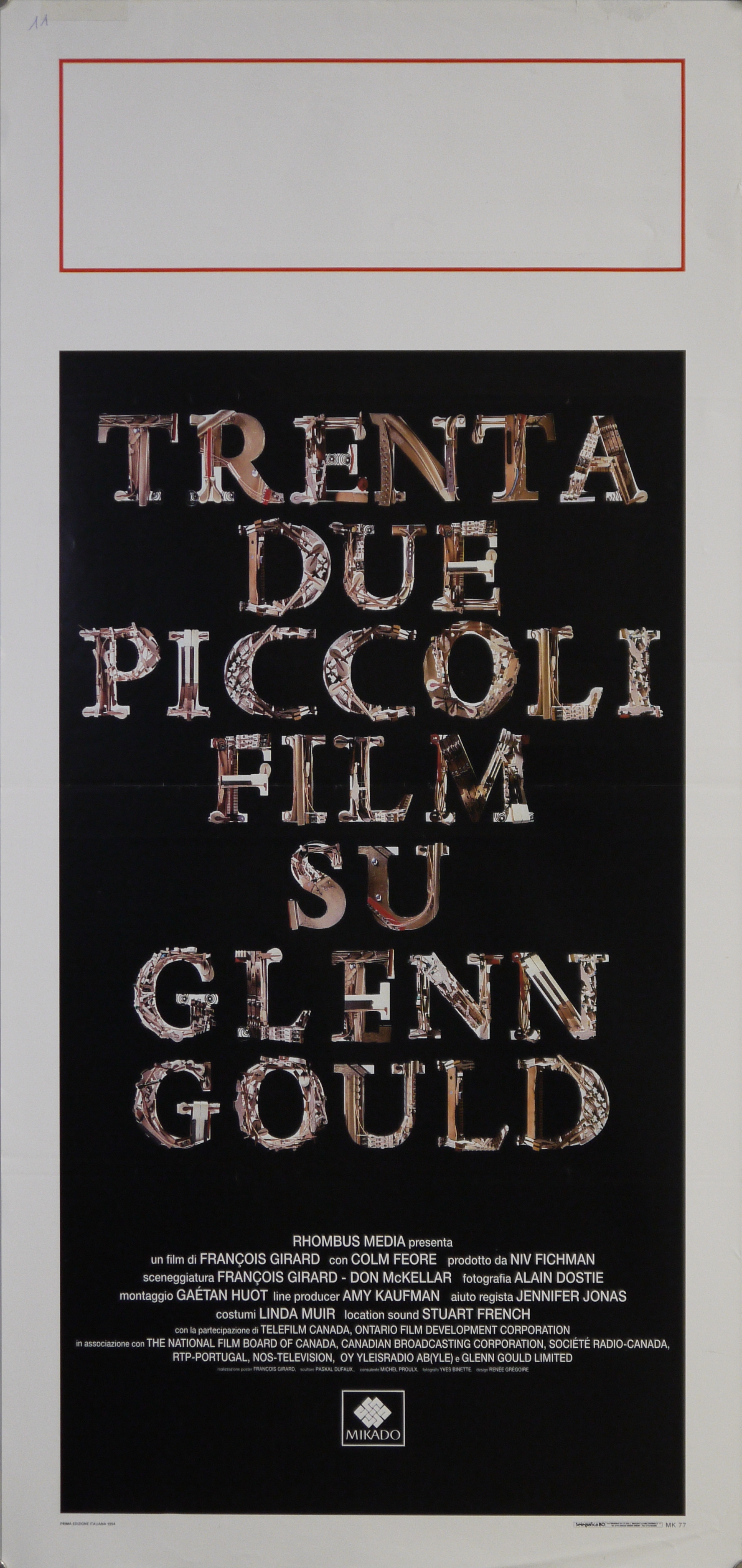 Su fondo nero, scritta composta da dettagli di meccanica interna di pianoforte (locandina) - produzione canadese (fine XX)