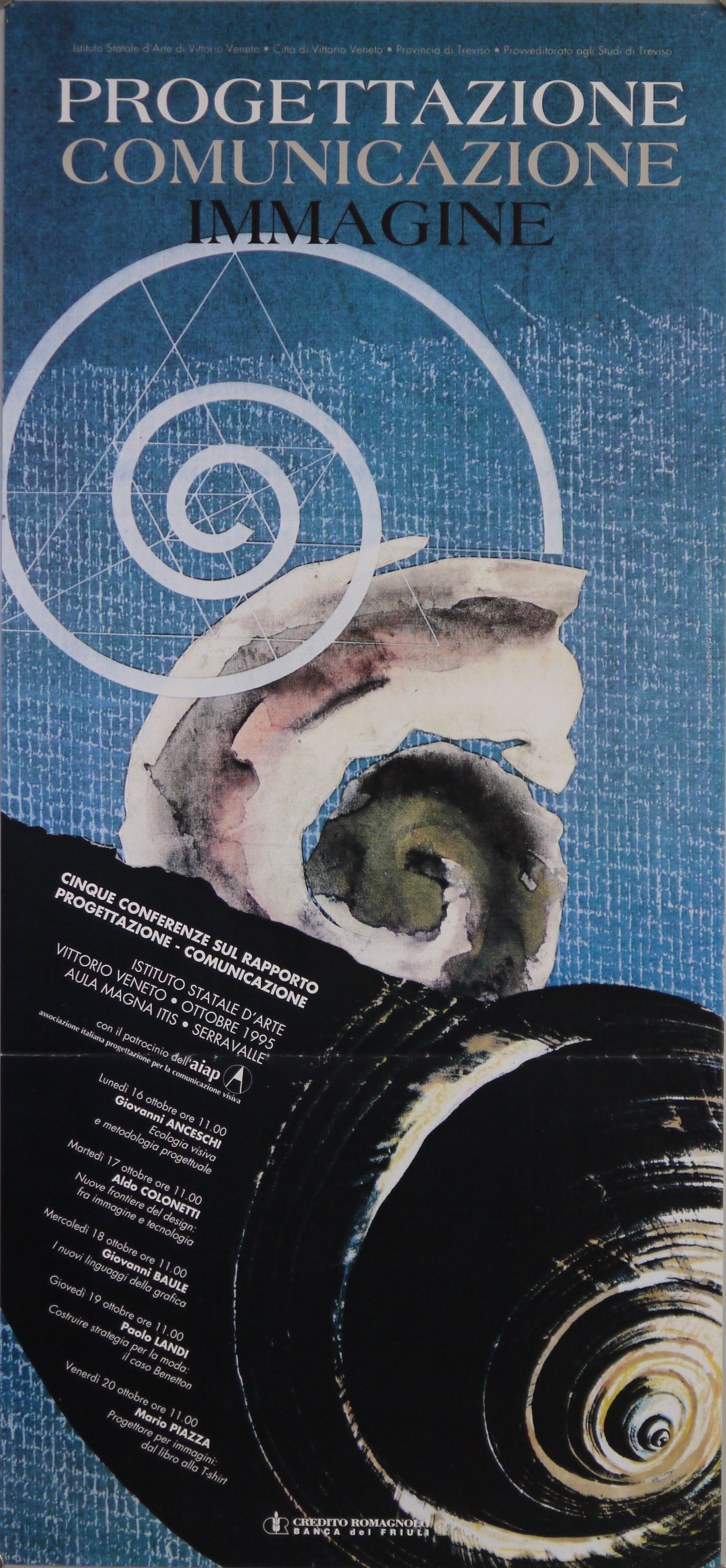 Guscio di lumaca, disegno ad acquerello di fossile di ammonite, spirale geometrica con griglie di costruzione su texture a trama di tessuto (locandina) - ambito veneto (fine XX)