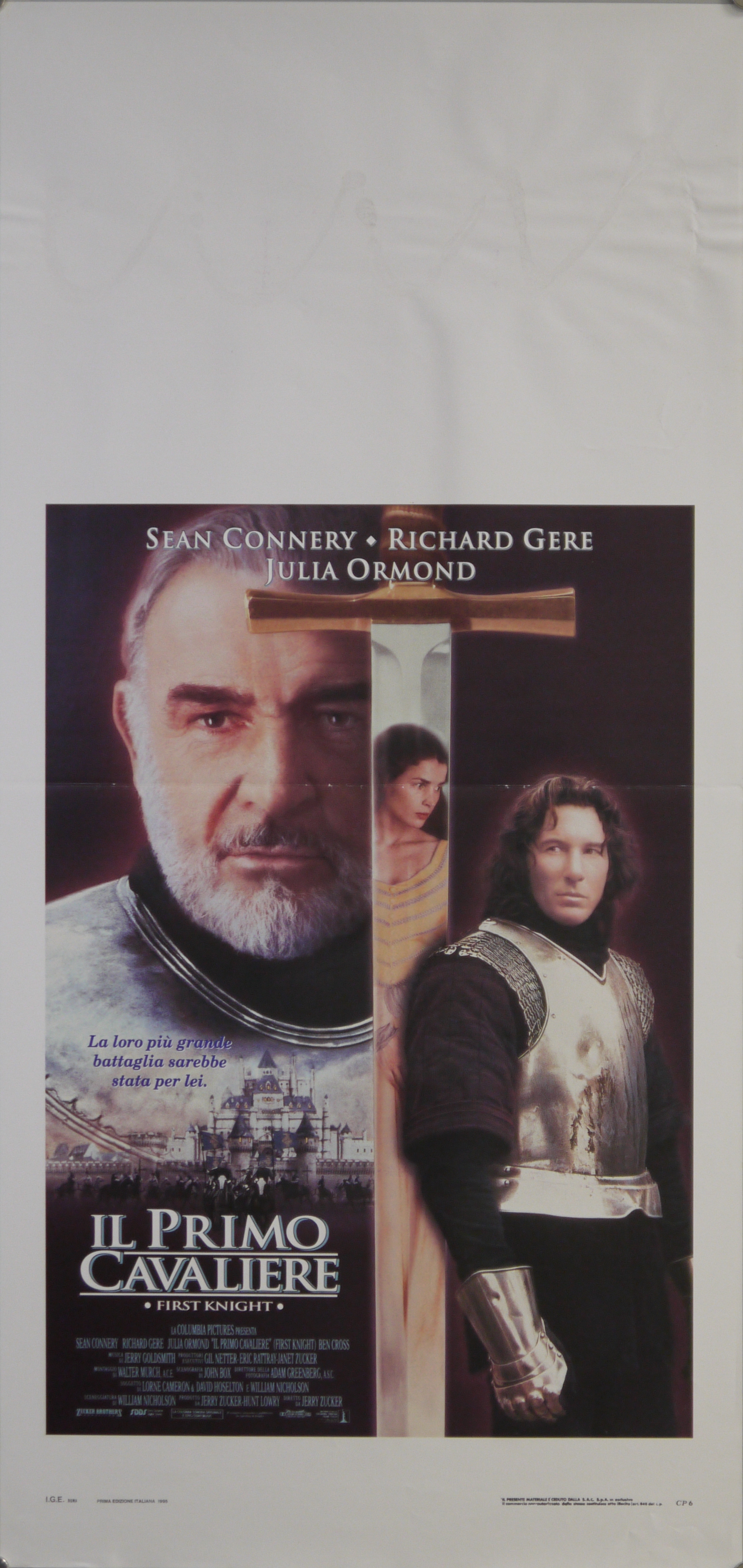 Fotomontaggio con i ritratti di Re Artù (Sean Connery), la regina Ginevra (Julia Ormond) e Lancillotto (Richard Gere); veduta di Camelot (locandina) - ambito americano (fine XX)