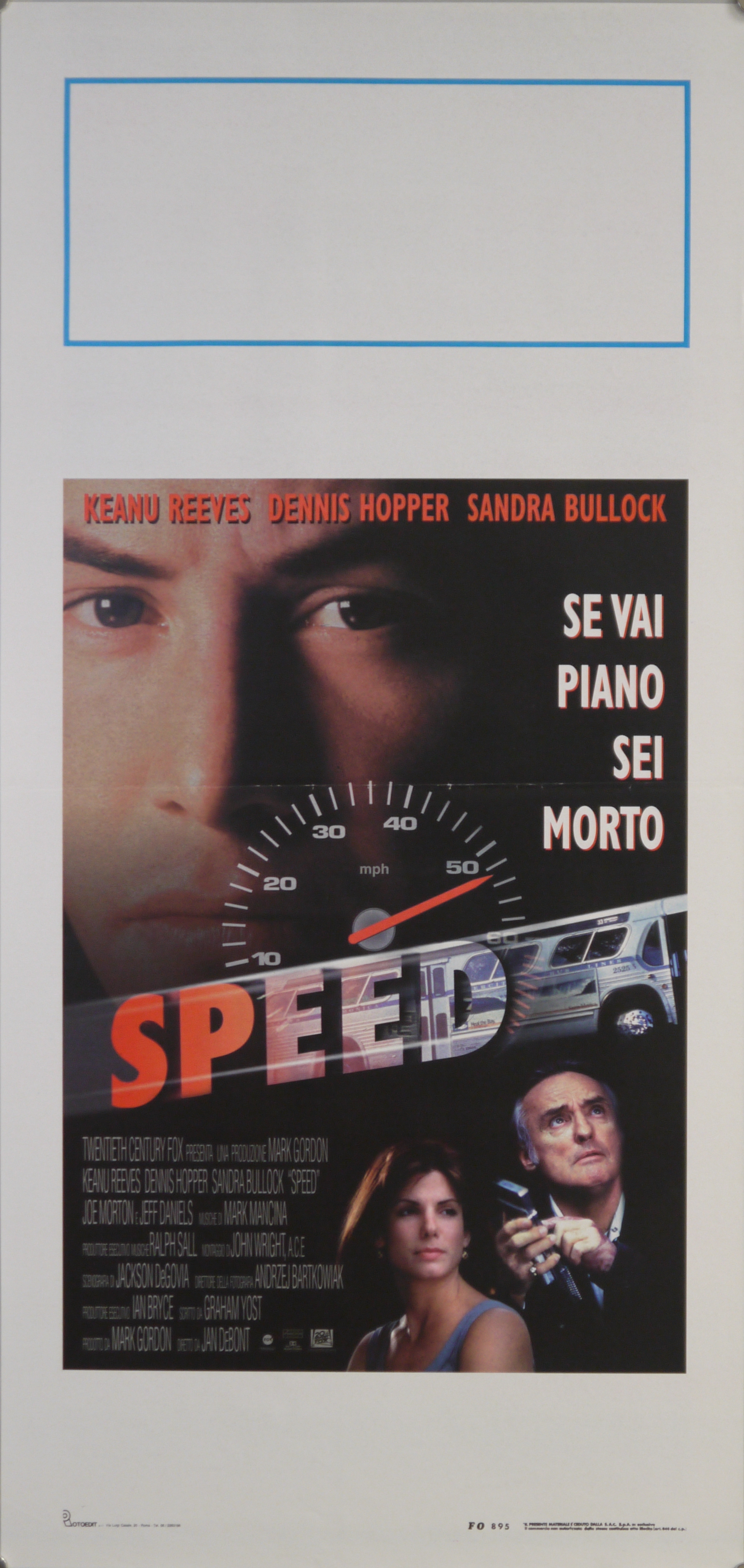 Ritratti di Jack Traven (Keanu Reeves), Annie Porter (Sandra Bullock) e Howard Payne (Dennis Hopper); autobus in corsa (locandina) - ambito americano (fine XX)