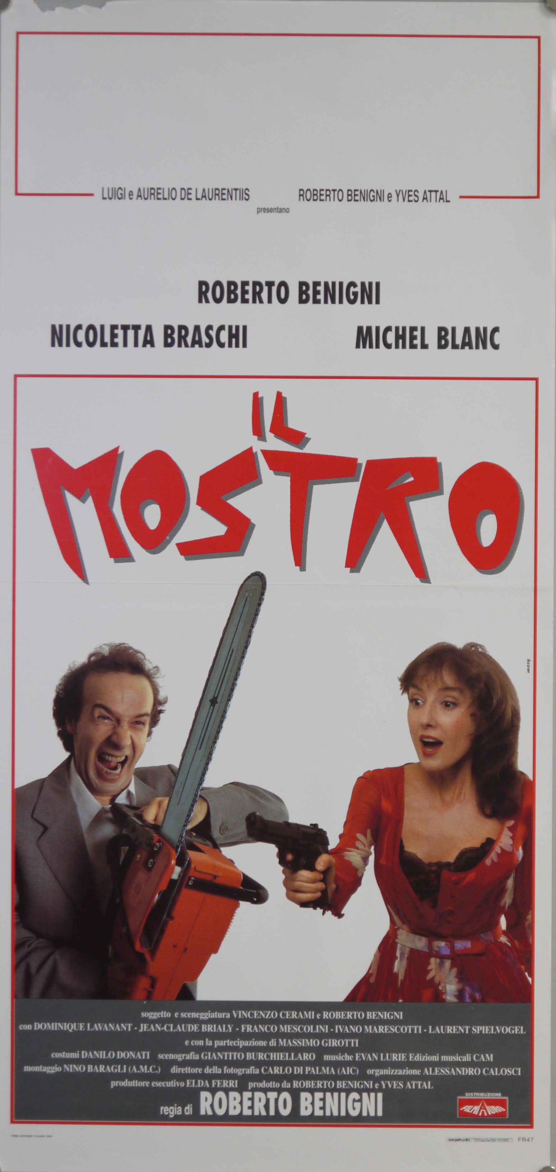 Loris ((Roberto Benigni) armato di motosega e Jessica Rossetti (Nicoletta Braschi) armata di pistola (locandina) - ambito italiano (fine XX)