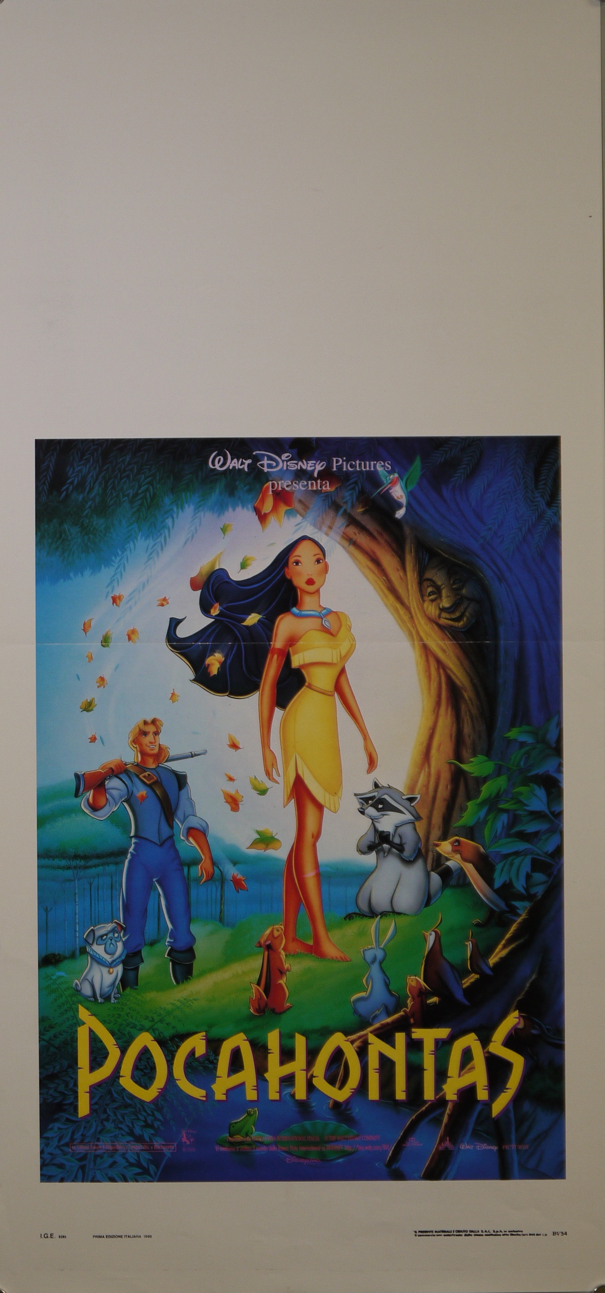 John Smith e Pocahontas da Nonna salice in compagnia del colibrì Flit, del procione Meeko, del cane Perlin e di altri animali del bosco (locandina) - ambito americano (fine XX)