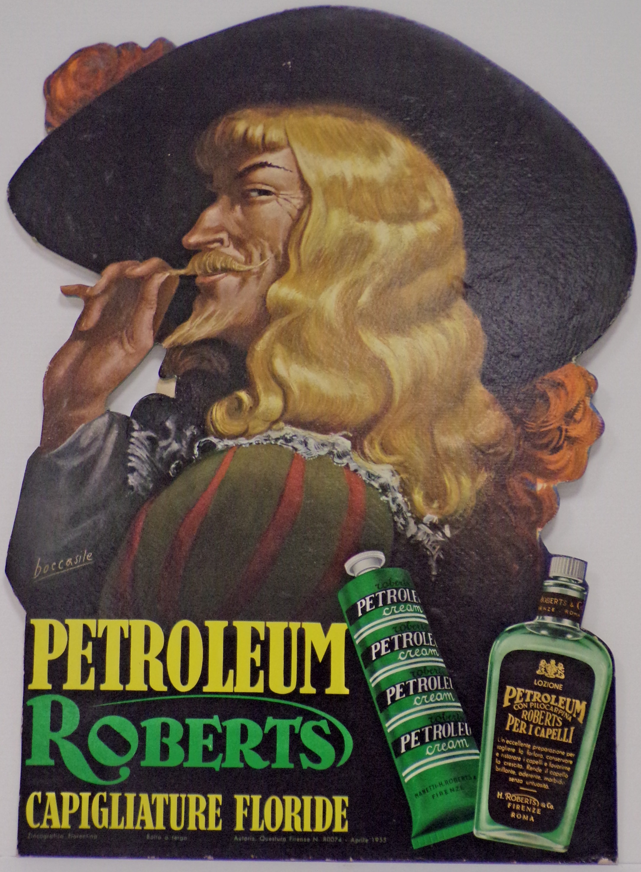 Petroleum Roberts capigliature floride, moschettiere biondo dalla chioma fluente si liscia i baffi e guarda di sottecchi lo spettatore, in primo piano confezioni di crema e lozione Petroleum (Cartello - da vetrina, opera isolata) di Boccasile Gino - ambito milanese (metà XX)