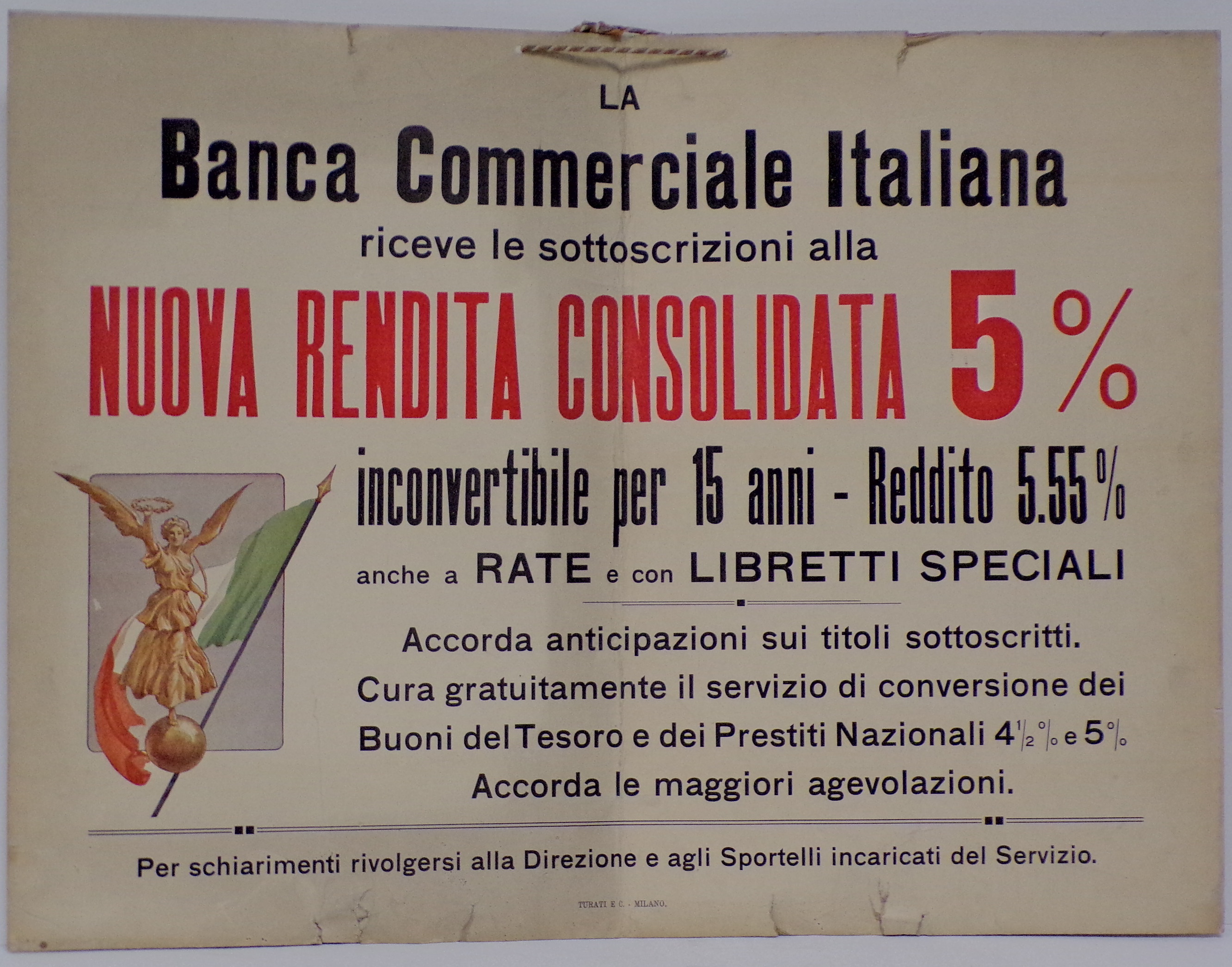 Nuova rendita consolidata 5%, testo a piena pagina, Vittoria alata e bandiera italiana (Cartello - da vetrina, opera isolata) - ambito milanese (metà XX)