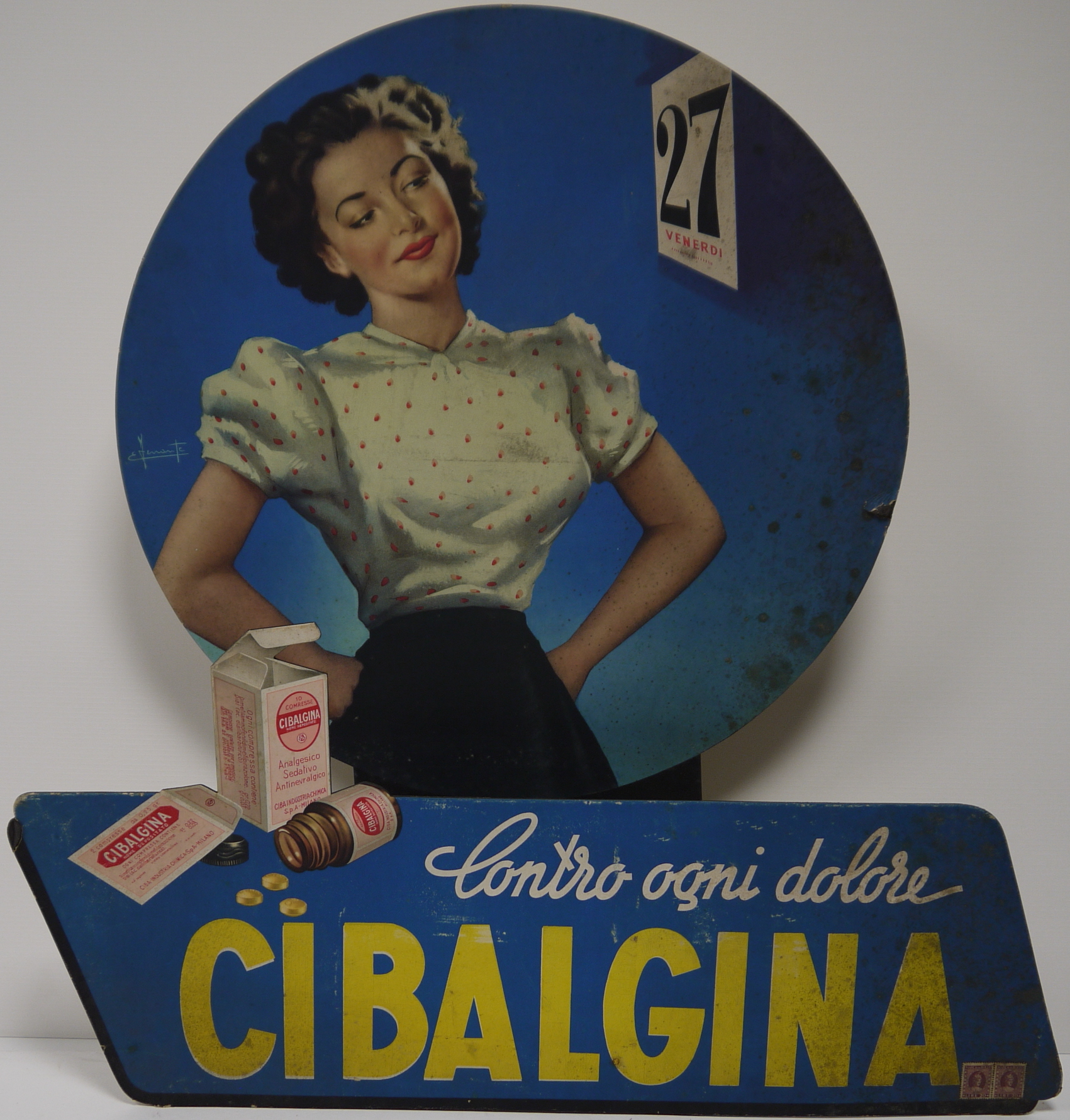 Contro ogni dolore CIBALGINA, giovane donna guarda di sottecchi la pagina di un calendario che segna il 27 del mese (Cartello - da vetrina, opera isolata) di Ferrante Erasmo - ambito milanese (secondo quarto XX)