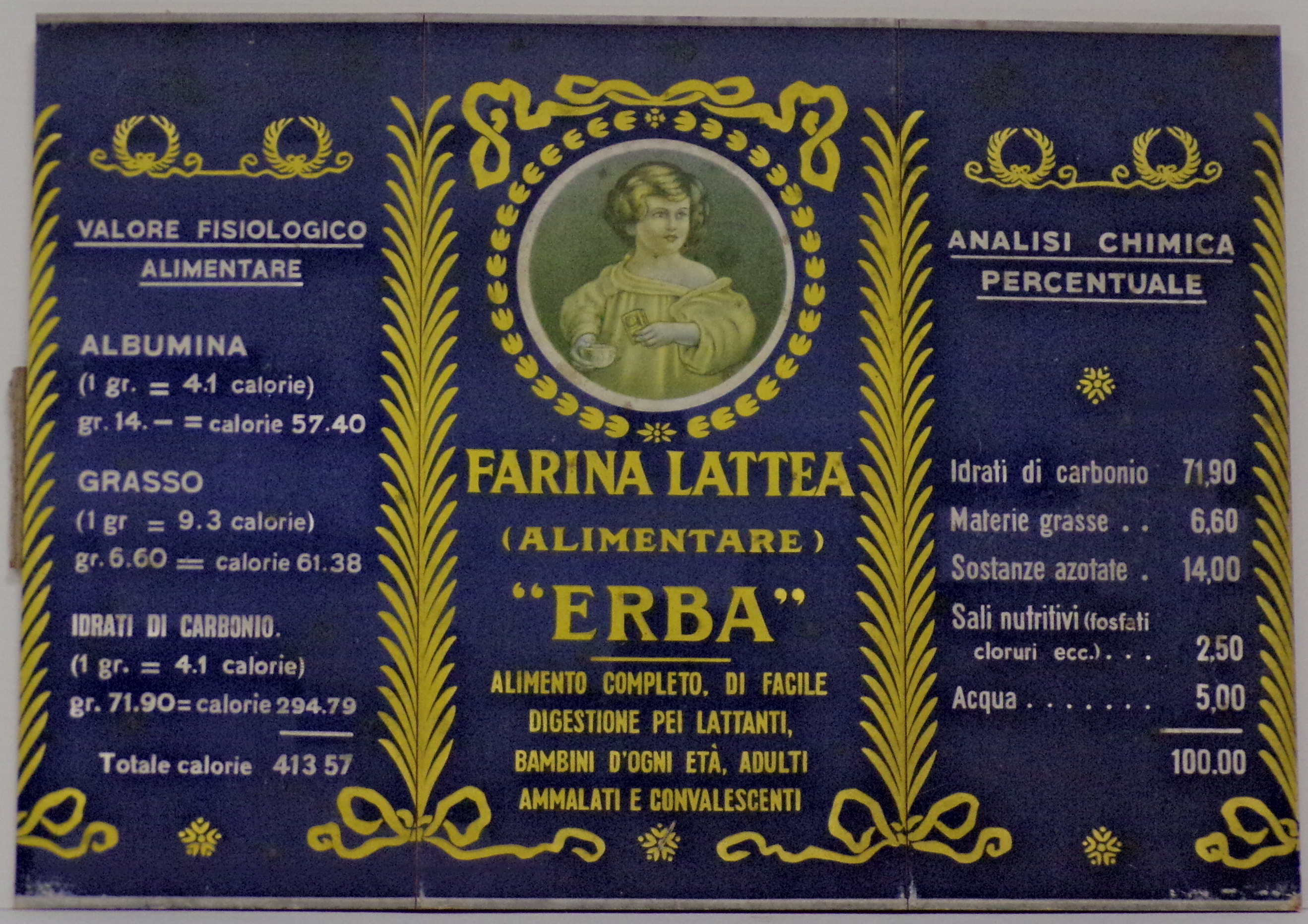 Farina Lattea (alimentare) "Erba", raffigurazione di bambino in camicia da notte con tazza e busta di farina lattea, entro tondo, incorniciato da motivi decorativi liberty (Cartello - da vetrina, opera isolata) - ambito milanese (prima metà XX)