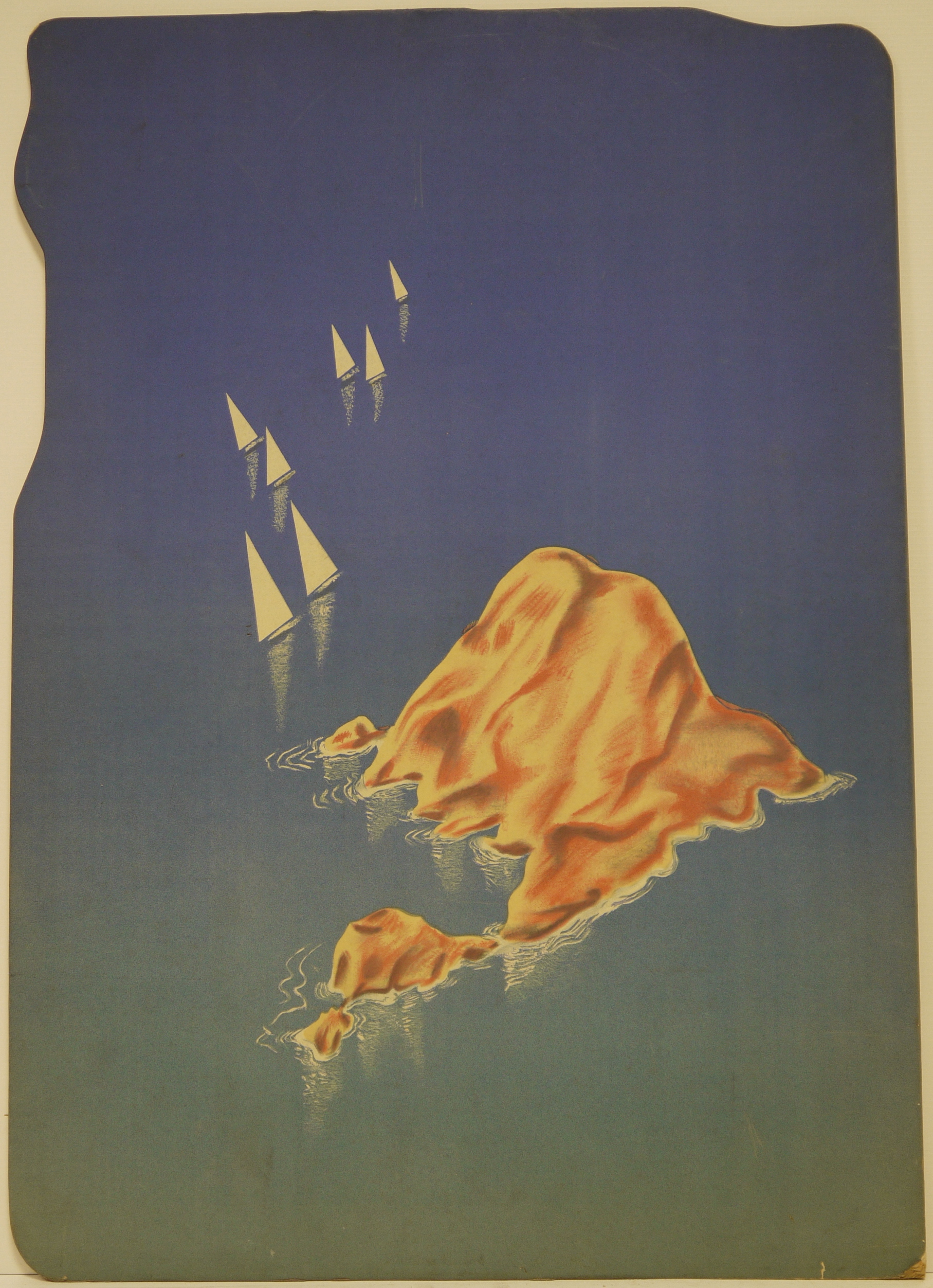 veduta a volo d'uccello di un isolotto in mare aperto lambito da un gruppo di sette barche a vela (Cartello - da vetrina, opera isolata) - ambito italiano (prima metà XX)