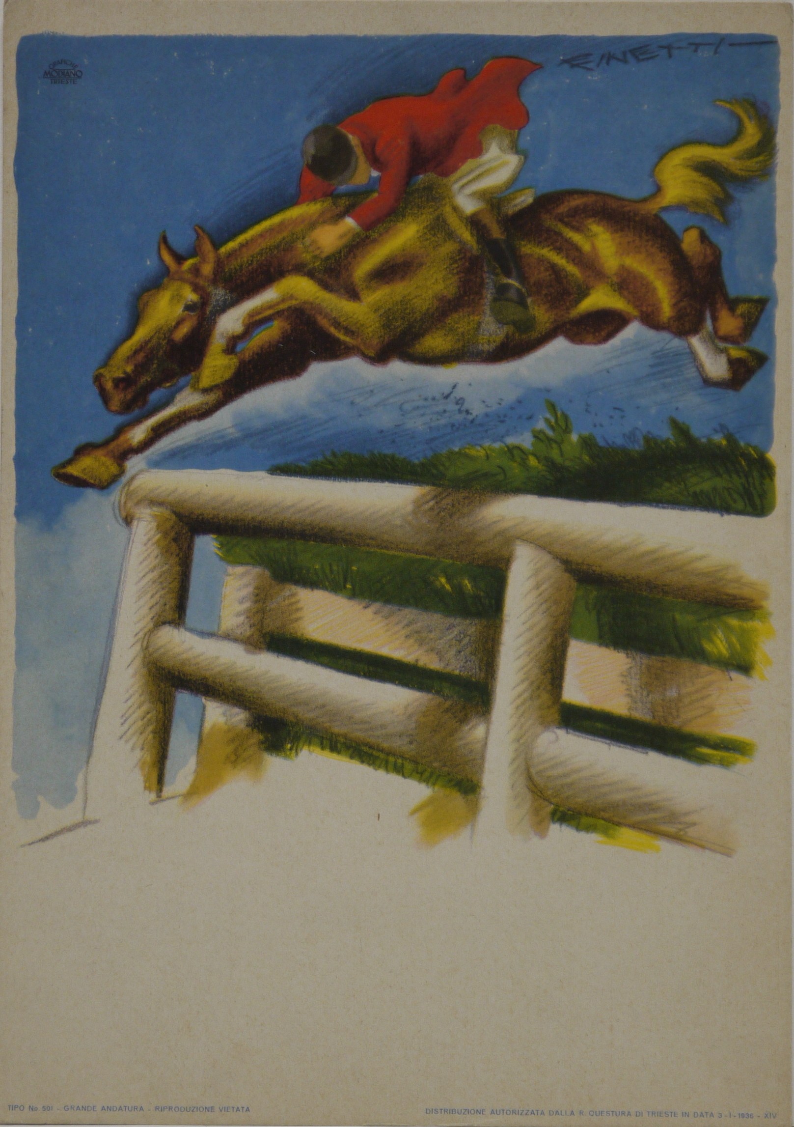 Grande andatura, fantino a cavallo esegue il salto dell'ostacolo denominato "fence grande" (locandina) di De Finetti Gino - ambito triestino (secondo quarto XX)