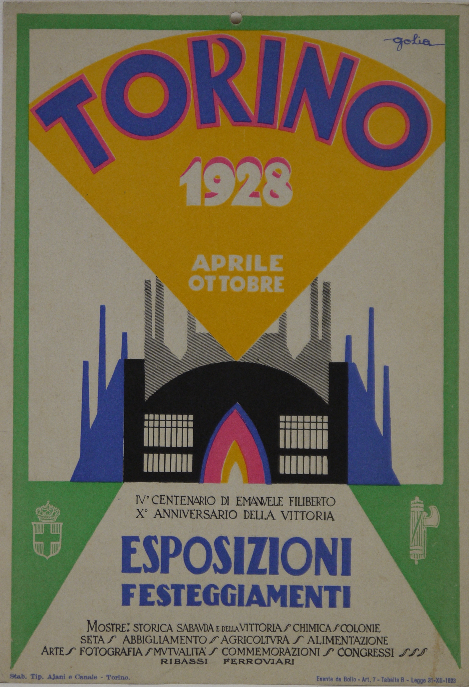 Torino 1928 aprile ottobre, fantino a cavallo esegue il salto dell'ostacolo denominato "fence grande" (locandina) di Colmo Eugenio detto Golia - ambito torinese (secondo quarto XX)