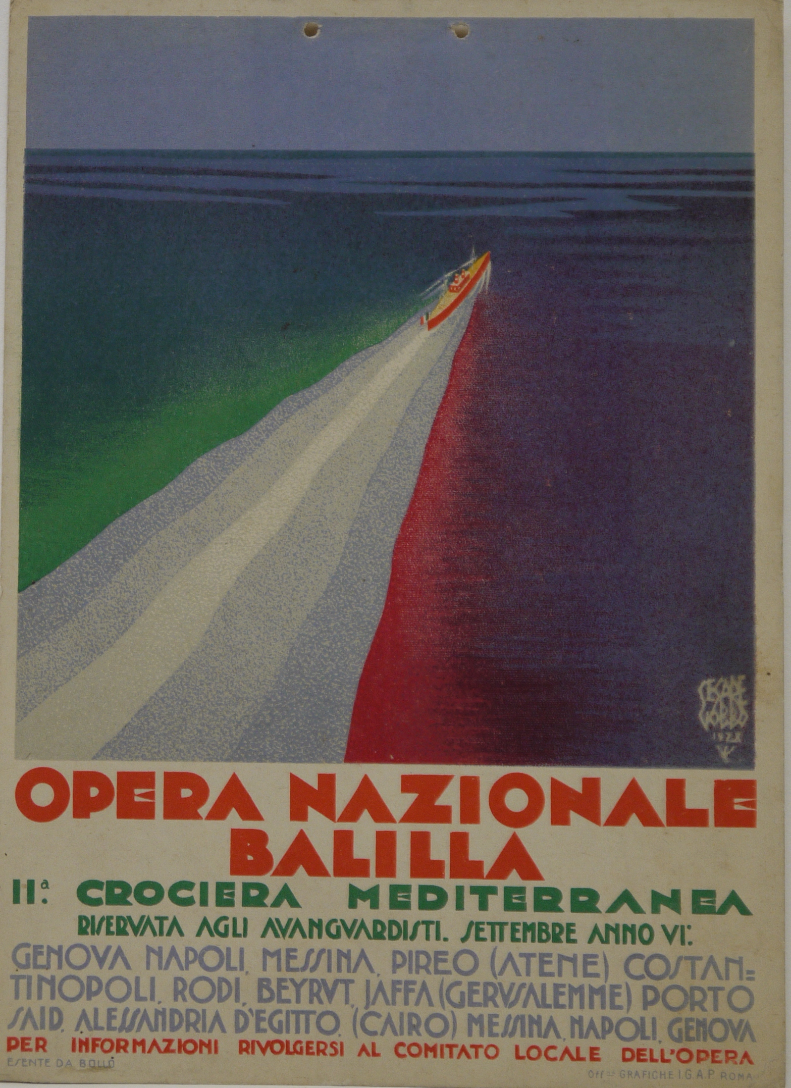 Opera Nazionale Balilla IIa Crociera Mediterranea, incrociatore solca il mare aperto lasciando una scia bianco-azzurra, verde e rossa ai margini, a comporre il tricolore italiano (locandina) di Gobbo Cesare - ambito milanese (secondo quarto XX)