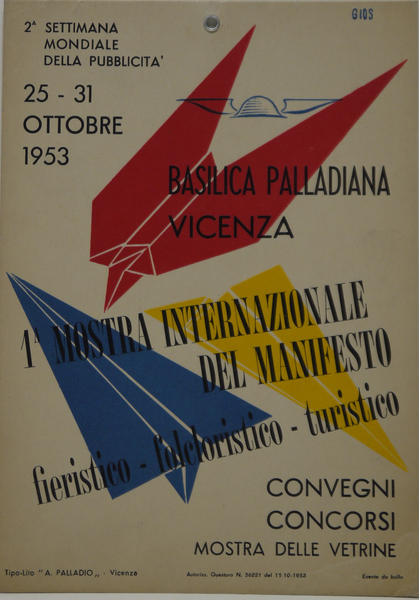 Prima mostra internazionale del manifesto, aereoplanini di carta blu, rosso e giallo e petaso alato (locandina) - ambito vicentino (metà XX)