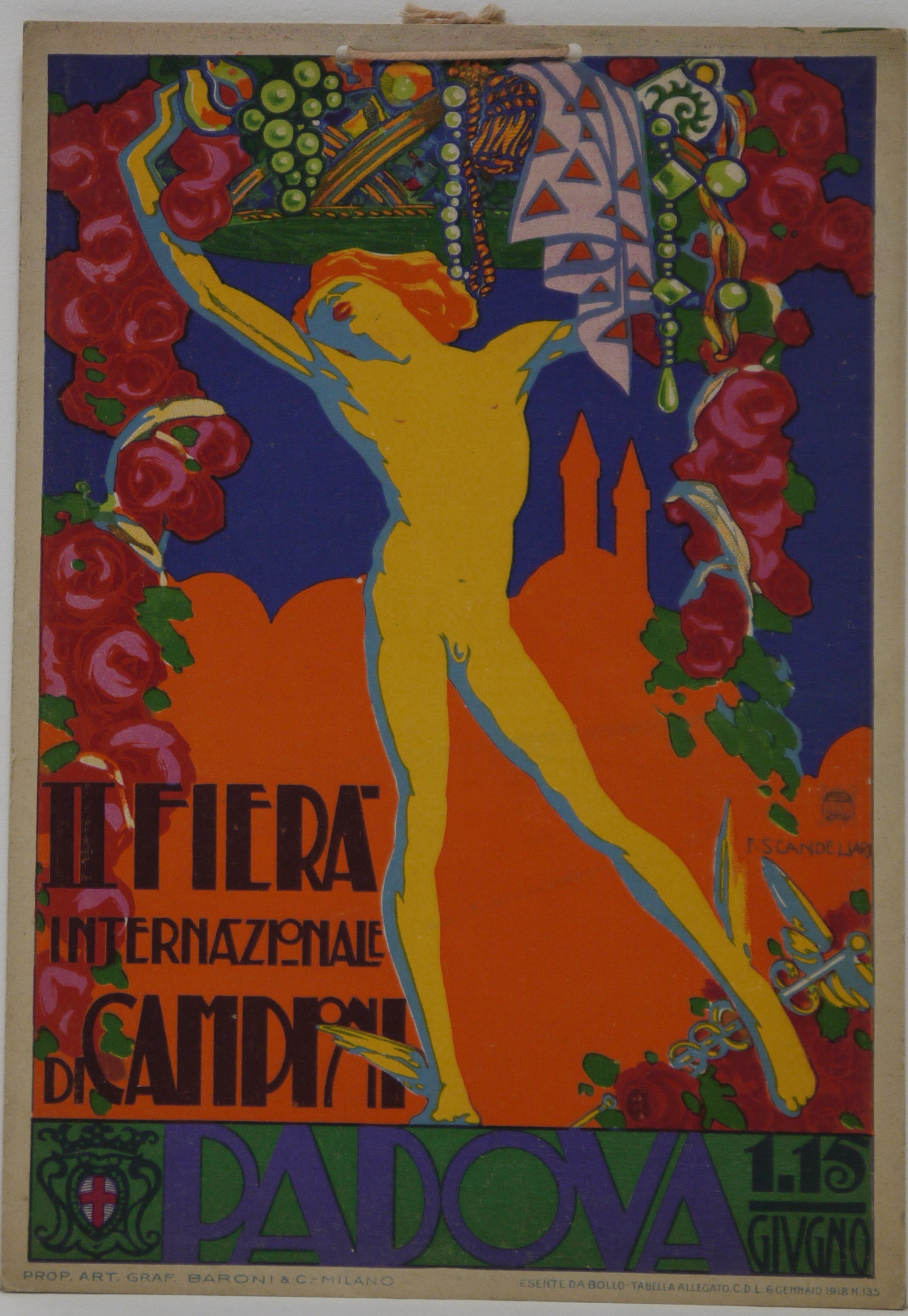 Tra cascate di rose e sullo sfondo della Basilica di Sant'Antonio da Padova, Il dio Mercurio, nudo, ali ai piedi e caduceo posato a terra su un mucchio di rose, sorregge un grande piatto pieno di gioielli e tessuti pregiati (locandina) di Scandellari Ferruccio - ambito milanese (primo quarto XX)