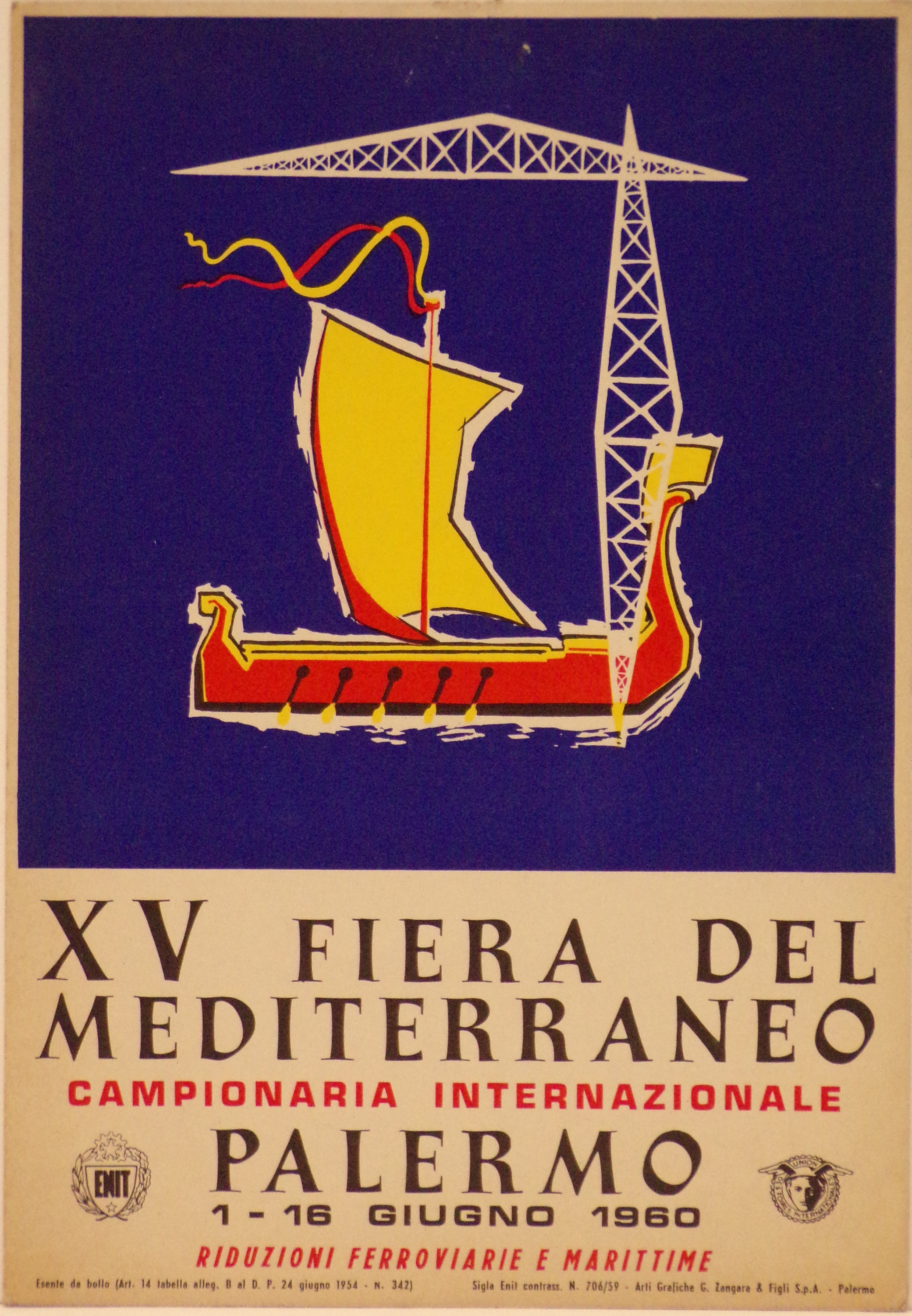 libera raffigurazione di una "moneris", imbarcazione antica a una sola fila di remi, integrato con due travi metalliche a ricordare una gru per cantiere navale (locandina) - ambito palermitano (metà XX)