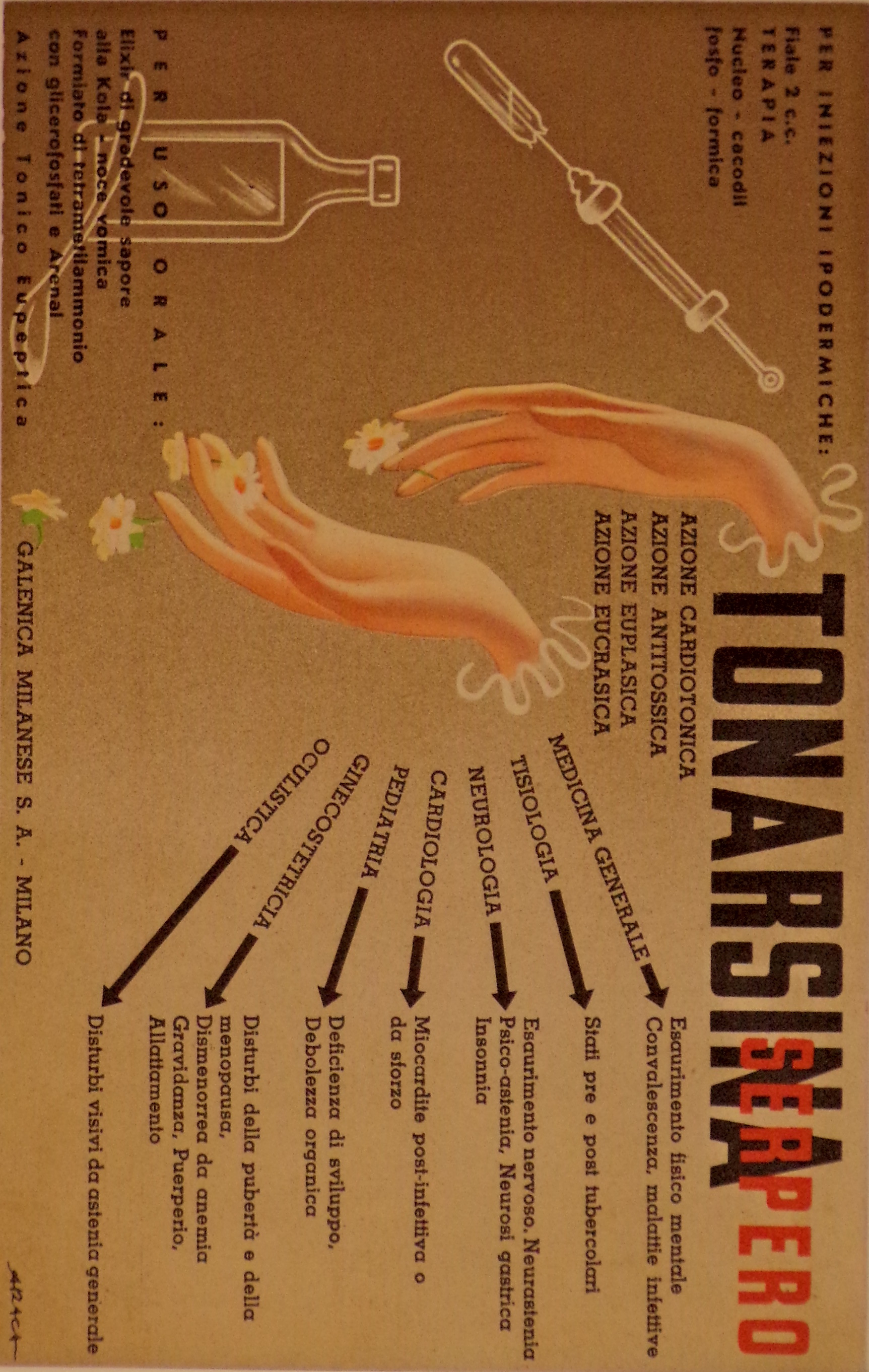 Siringa che preleva siero da una fiala; flacone e cucchiaio; mani che spargono fiori (locandina) di Forlivesi Montanari Enzo detto Araca - ambito milanese (metà XX)