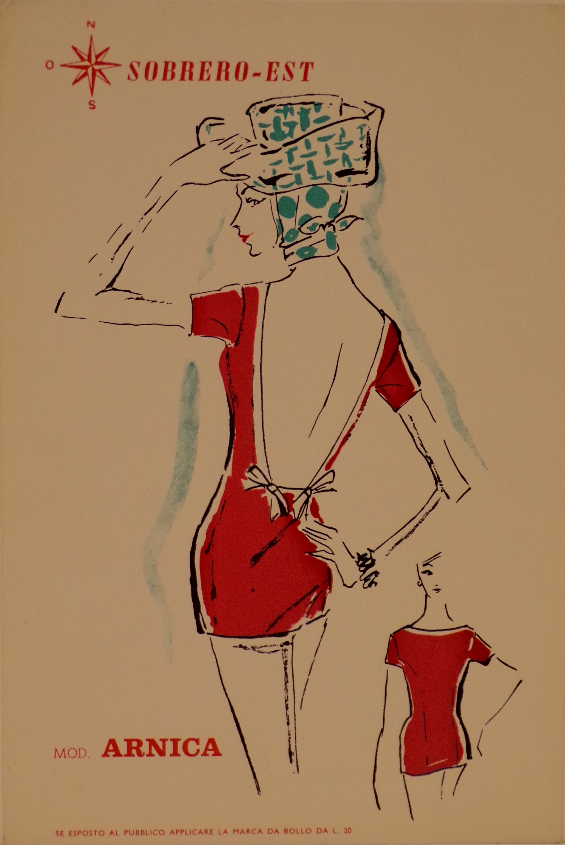 Figurino di moda rappresentante il modello di costume Arnica (locandina) - ambito piemontese (metà XX)