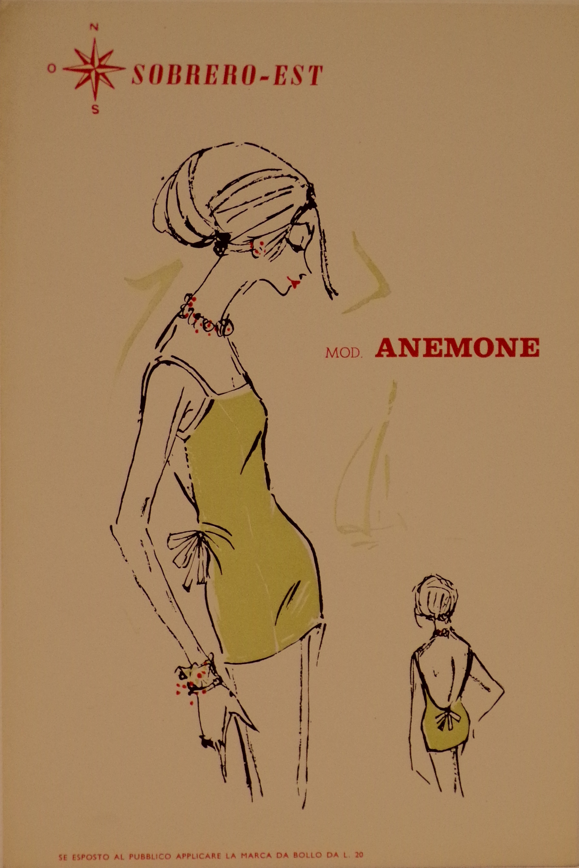 Figurino di moda rappresentante il modello di costume Anemone (locandina) - ambito piemontese (metà XX)