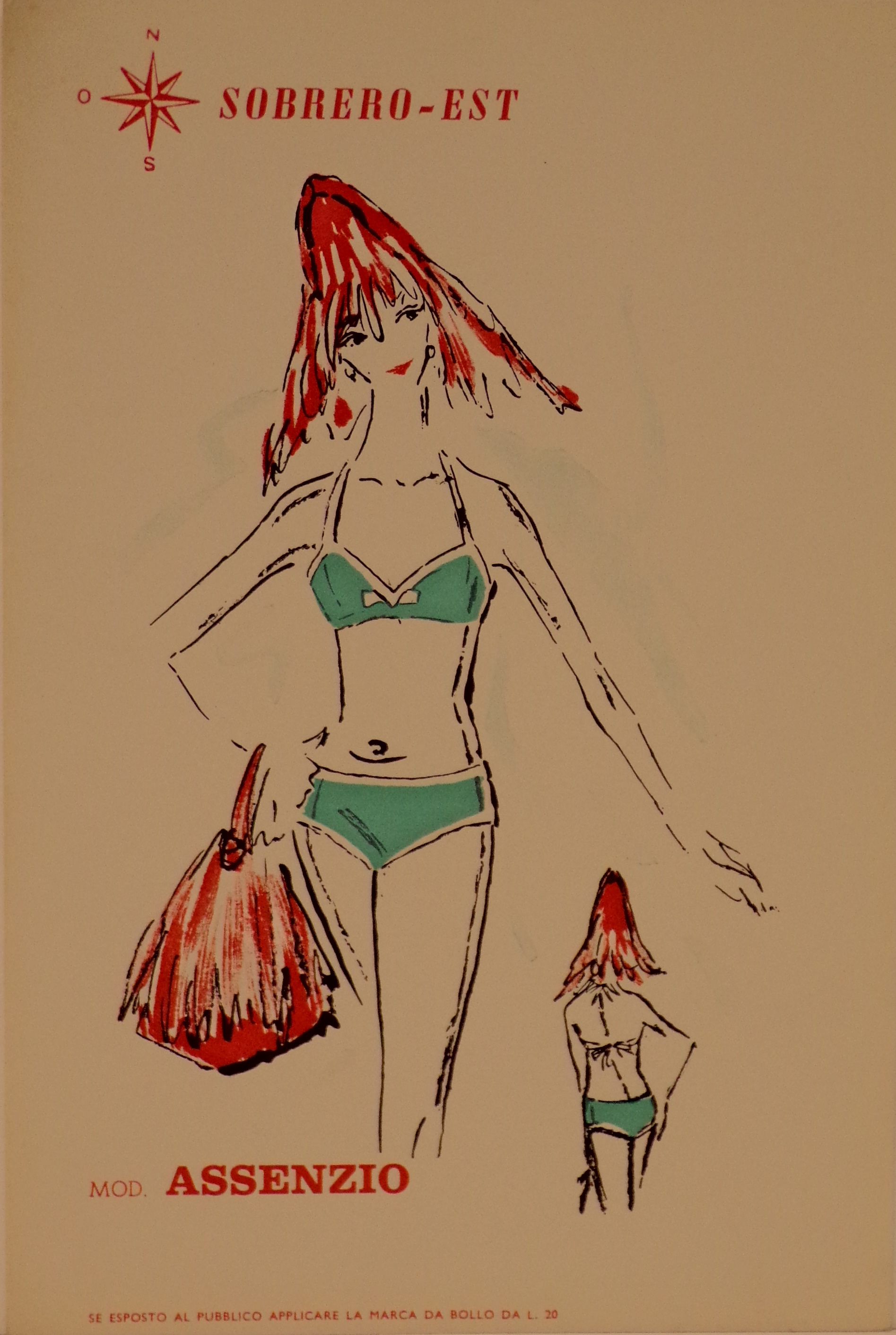 Figurino di moda rappresentante il modello di costume Assenzio (locandina) - ambito piemontese (metà XX)