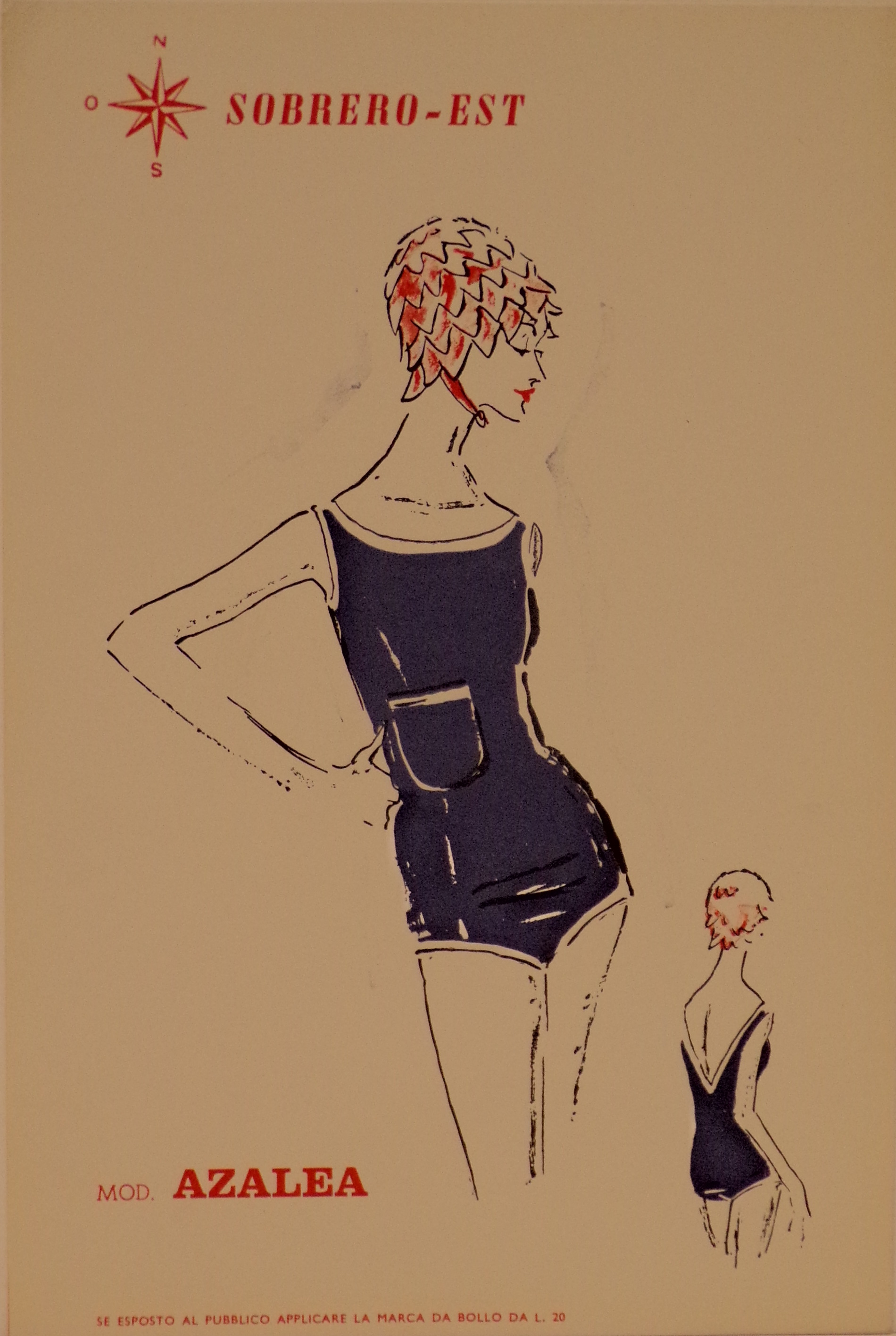 Figurino di moda rappresentante il modello di costume Azalea (locandina) - ambito piemontese (metà XX)