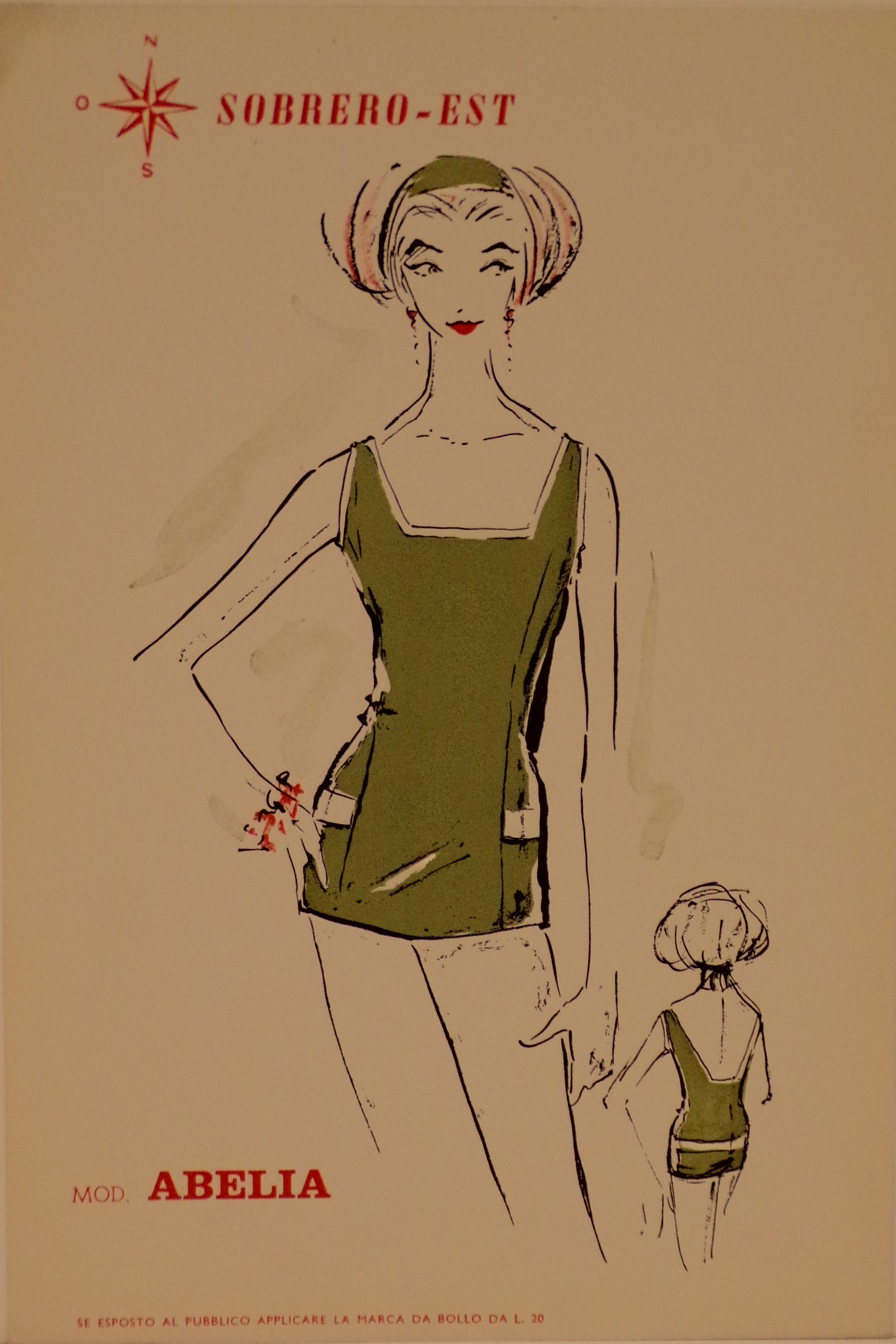 Figurino di moda rappresentante il modello di costume Abelia (locandina) - ambito piemontese (metà XX)