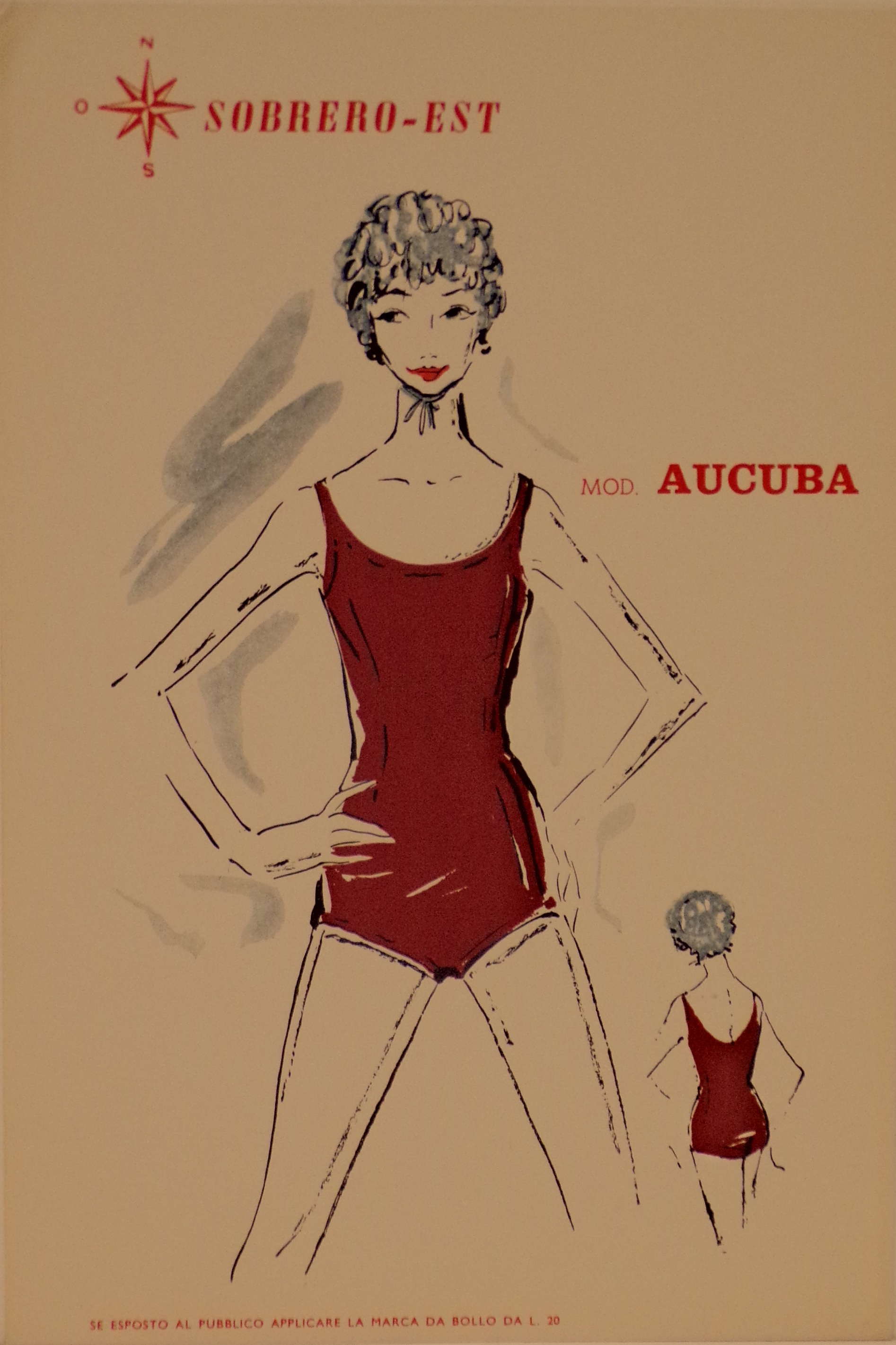 Figurino di moda rappresentante il modello di costume Aucuba (locandina) - ambito piemontese (metà XX)