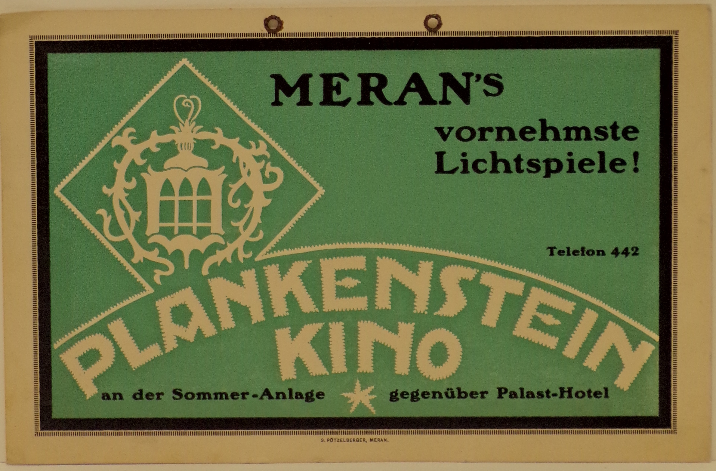 Su fondo verde, rappresentazione stencil di lanterna incorniciata da motivi vegetali (locandina) - ambito altoatesino (primo quarto XX)