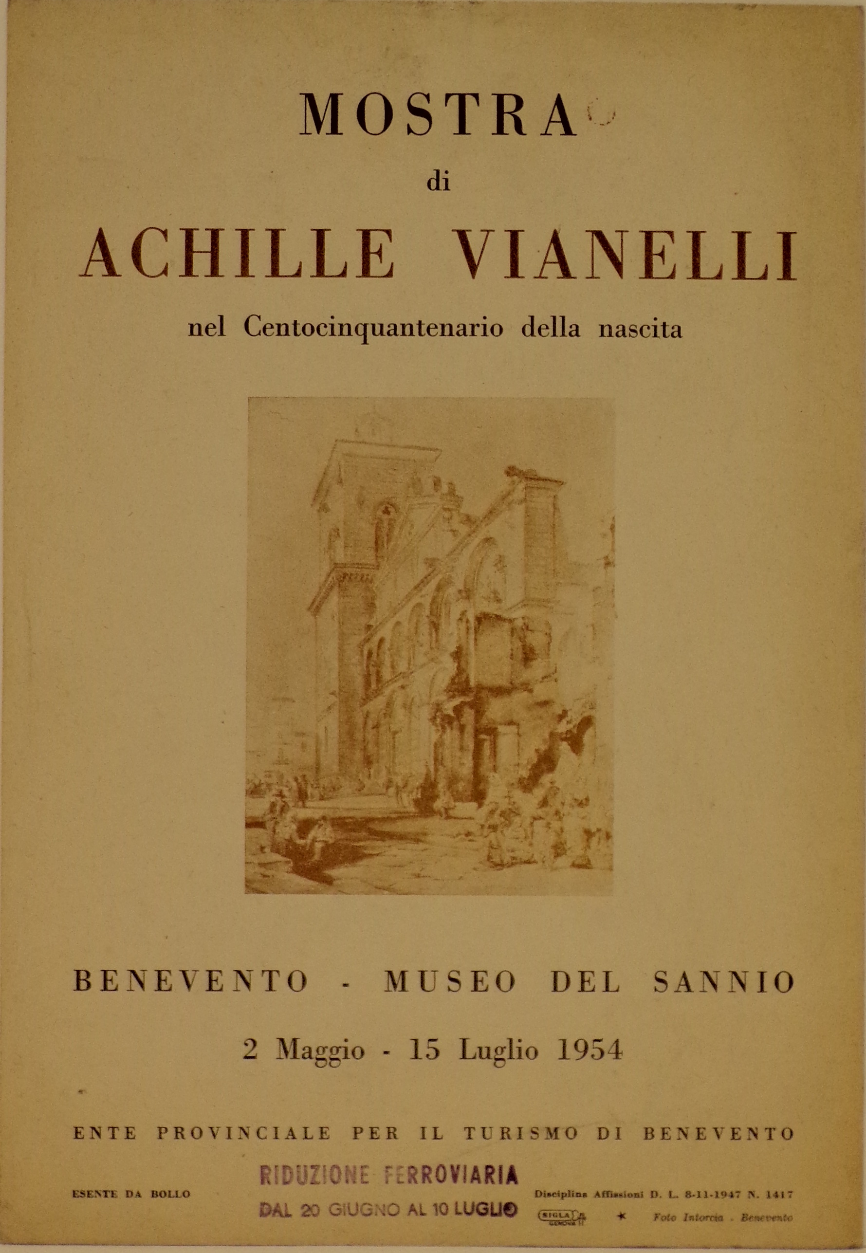 Riproduzione di Achille Vianelli, "Facciata e campanile del duomo di Benevento", disegno (locandina) di Vianelli Achille - ambito campano (metà XX)