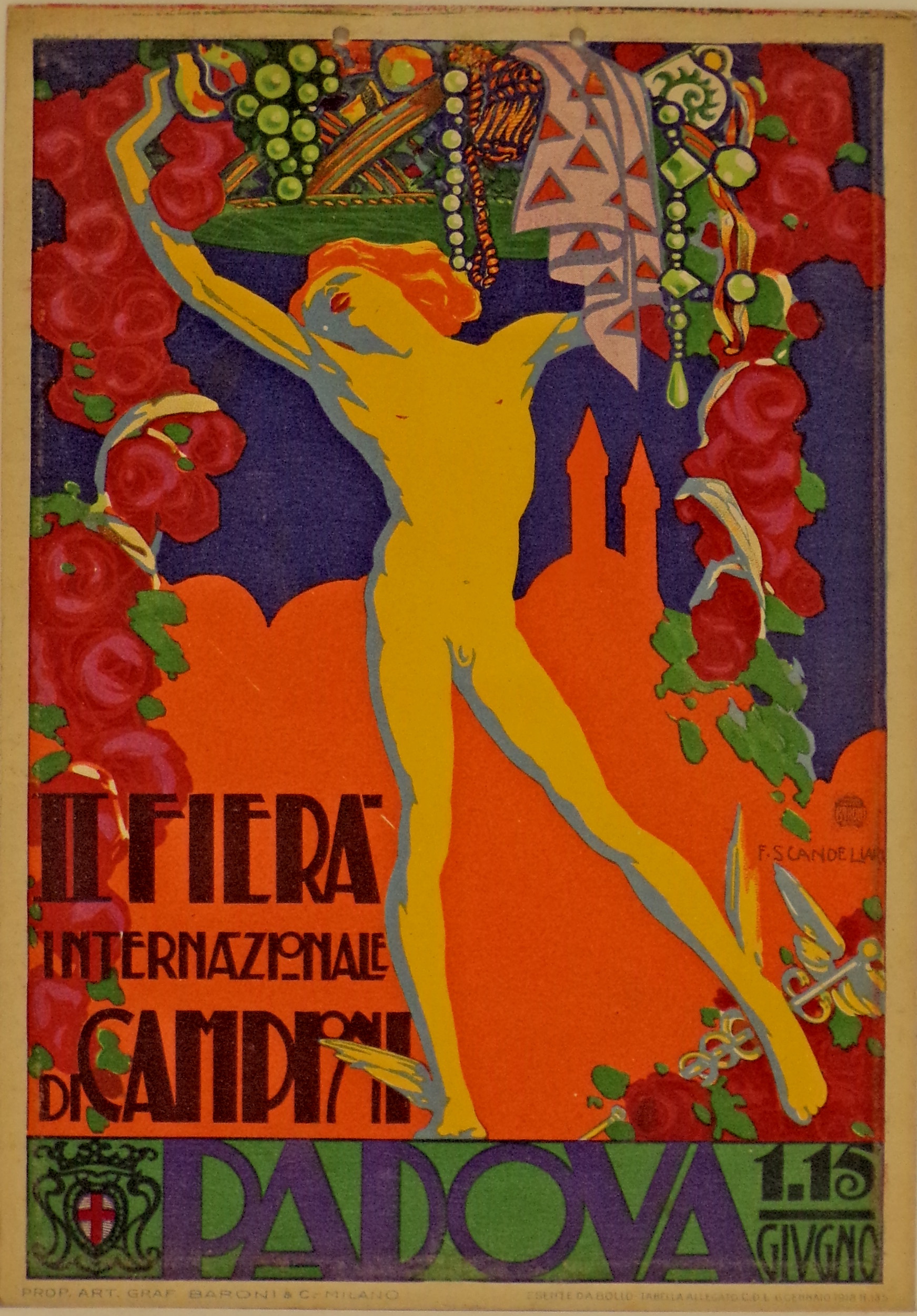 Il dio Mercurio nudo con piatto pieno di monili e tessuti preziosi sullo sfondo della shilouette della Basilica di S. Antonio da Padova (locandina) di Scandellari Ferruccio - ambito milanese (primo quarto XX)