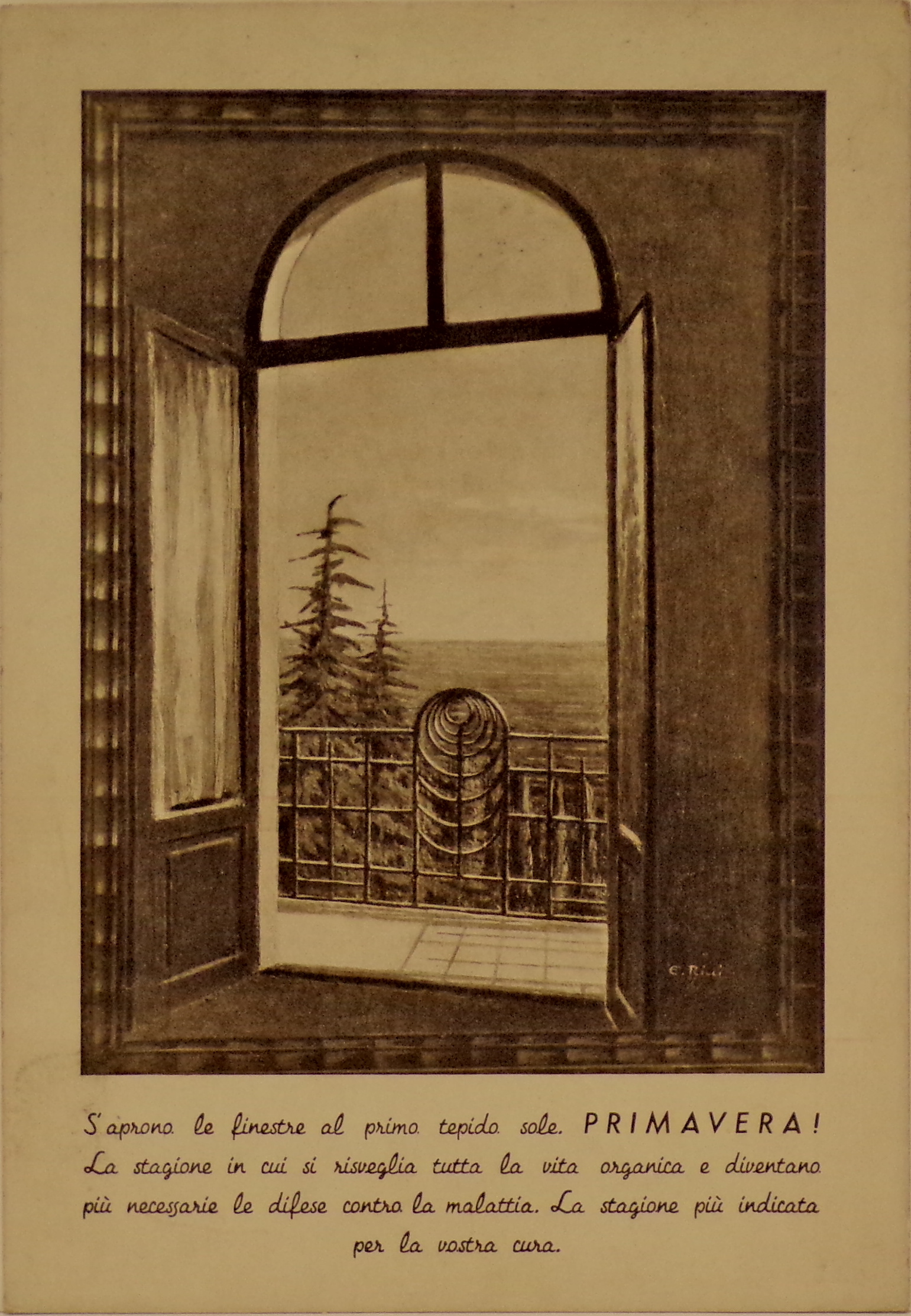 Riproduzione di dipinto di E. Ricci, "Veduta del Lago di Garda da una delle stanze di Villa Gemma a Gardone Riviera" (locandina) di Ricci Emilio - ambito lombardo (secondo quarto XX)