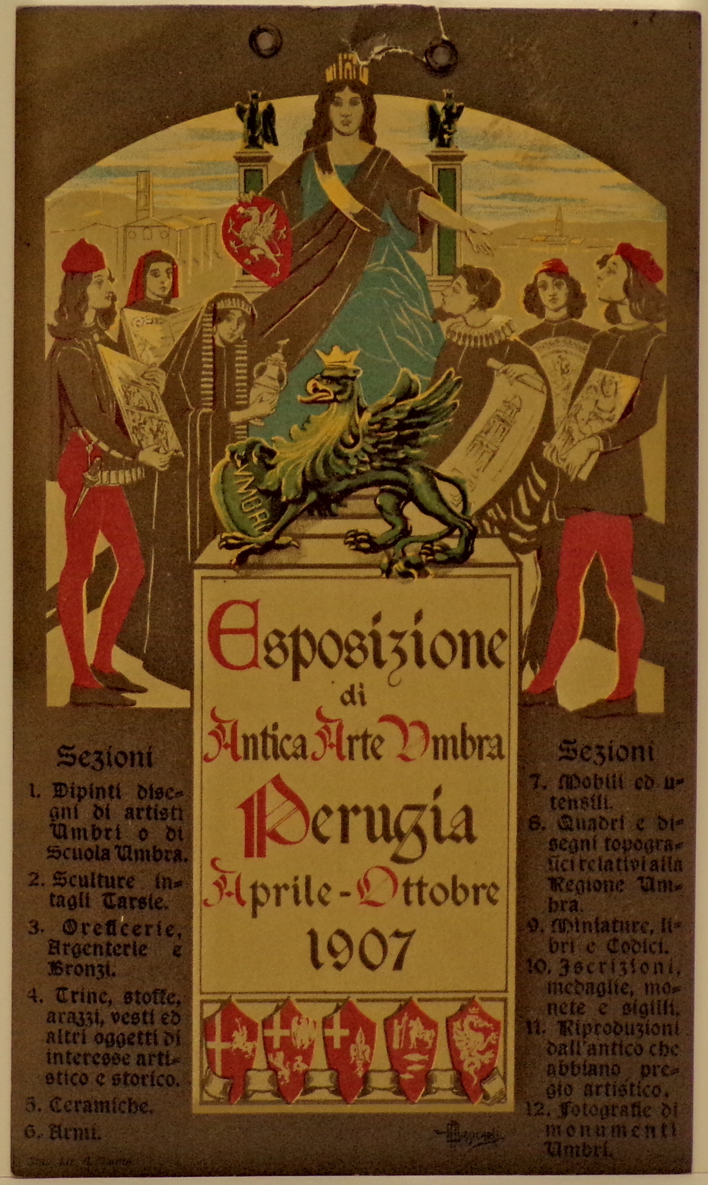 Gruppo di artisti, poeti e donna orafa offrono le loro opere alla Città di Perugia rappresentata come donna con corona turrita in capo e stemma civico in mano; grifone umbro in primo piano (locandina) di Giancarli Alfredo - ambito triestino (inizio XX)