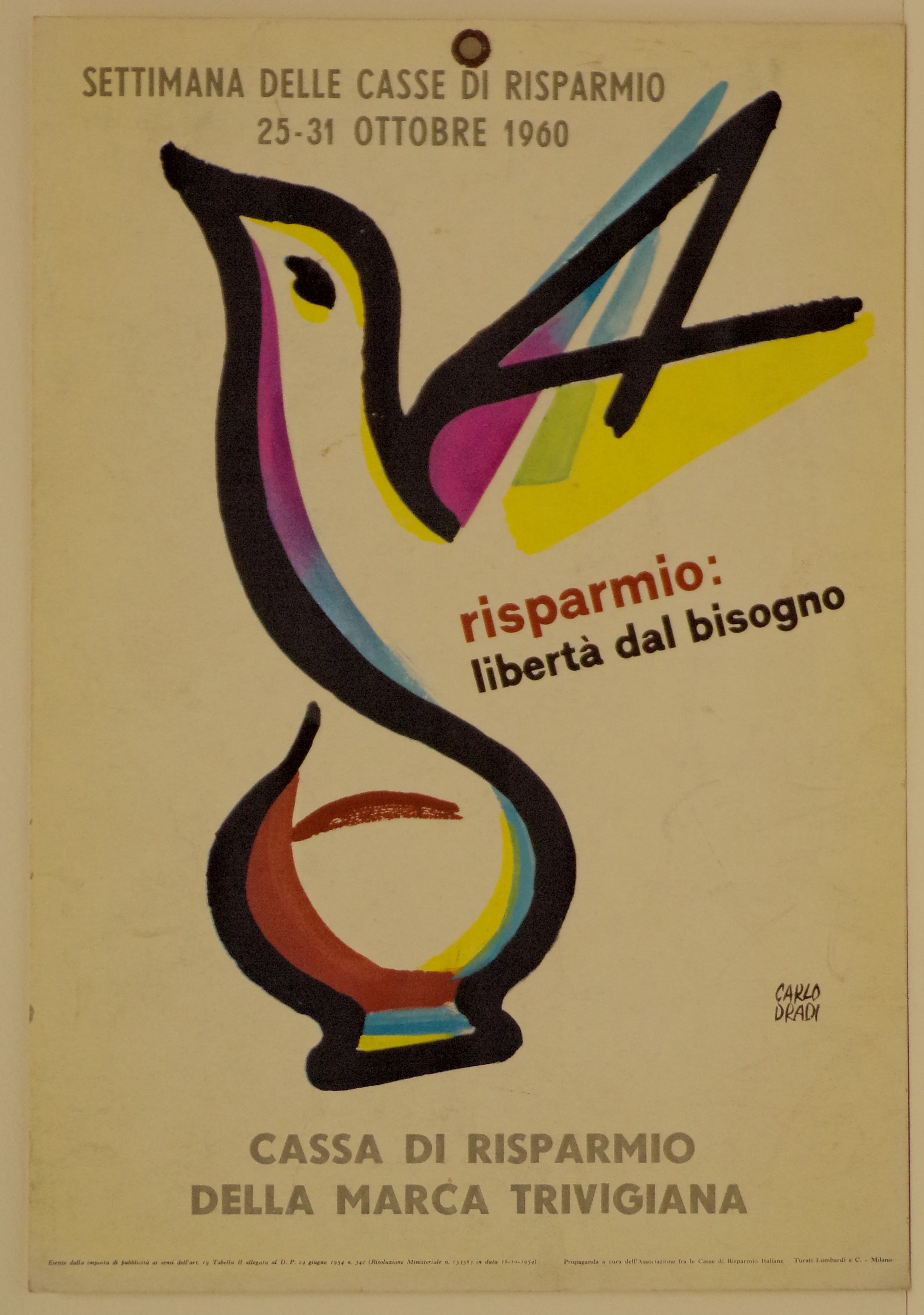 Recto-verso: Salvadanaio e uccello in volo in continuità di forme (locandina) di Dradi Carlo - ambito lombardo (metà XX)
