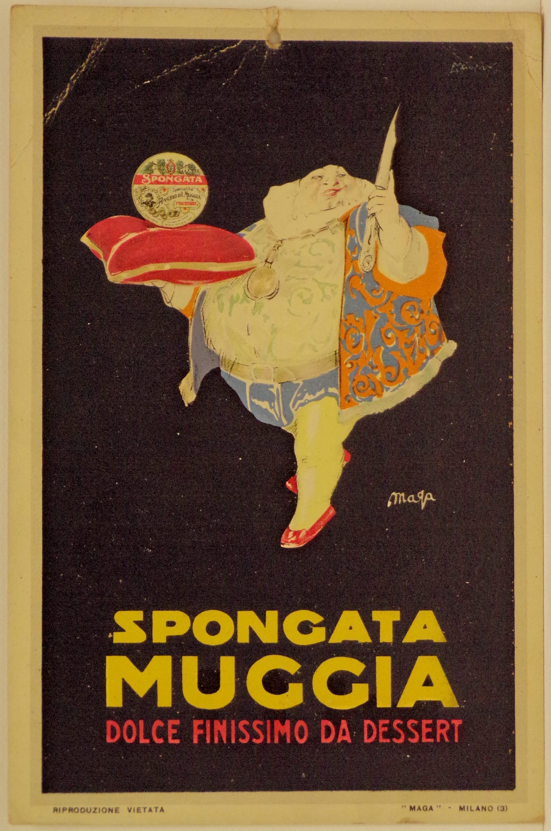 Grasso scalco di corte presenta una confezione di Spongata su un cuscino rosso brandendo un coltello con la mano sinistra (locandina) di Mauzan Achille Luciano, MAGA - ambito francese (secondo quarto XX)
