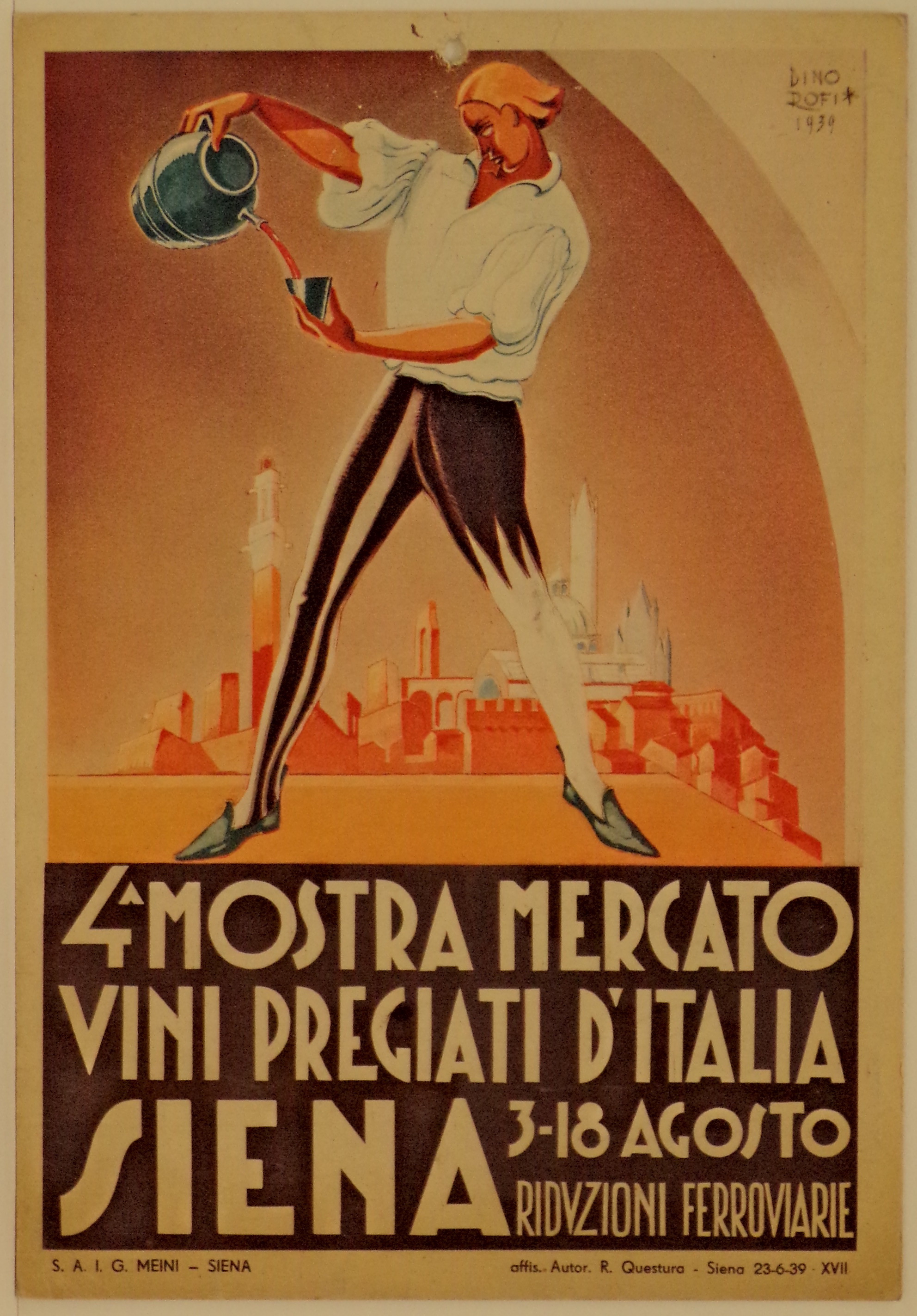 Ragazzo in abiti rinascimentali si versa del vino in un bicchiere, sullo sfondo la città di Siena (locandina) di Rofi Dino - ambito senese (secondo quarto XX)