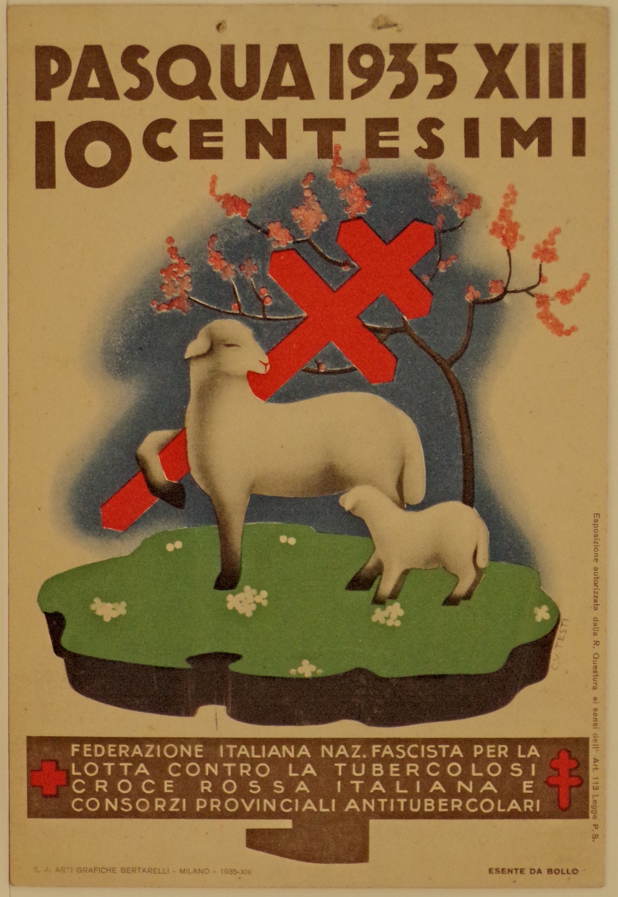 Su prato fiorito, presso un pesco in fiore, agnello e pecora adulta che regge la croce di Lorena con la zampa anteriore destra (locandina) di Testi Carlo Vittorio - ambito trentino (secondo quarto XX)