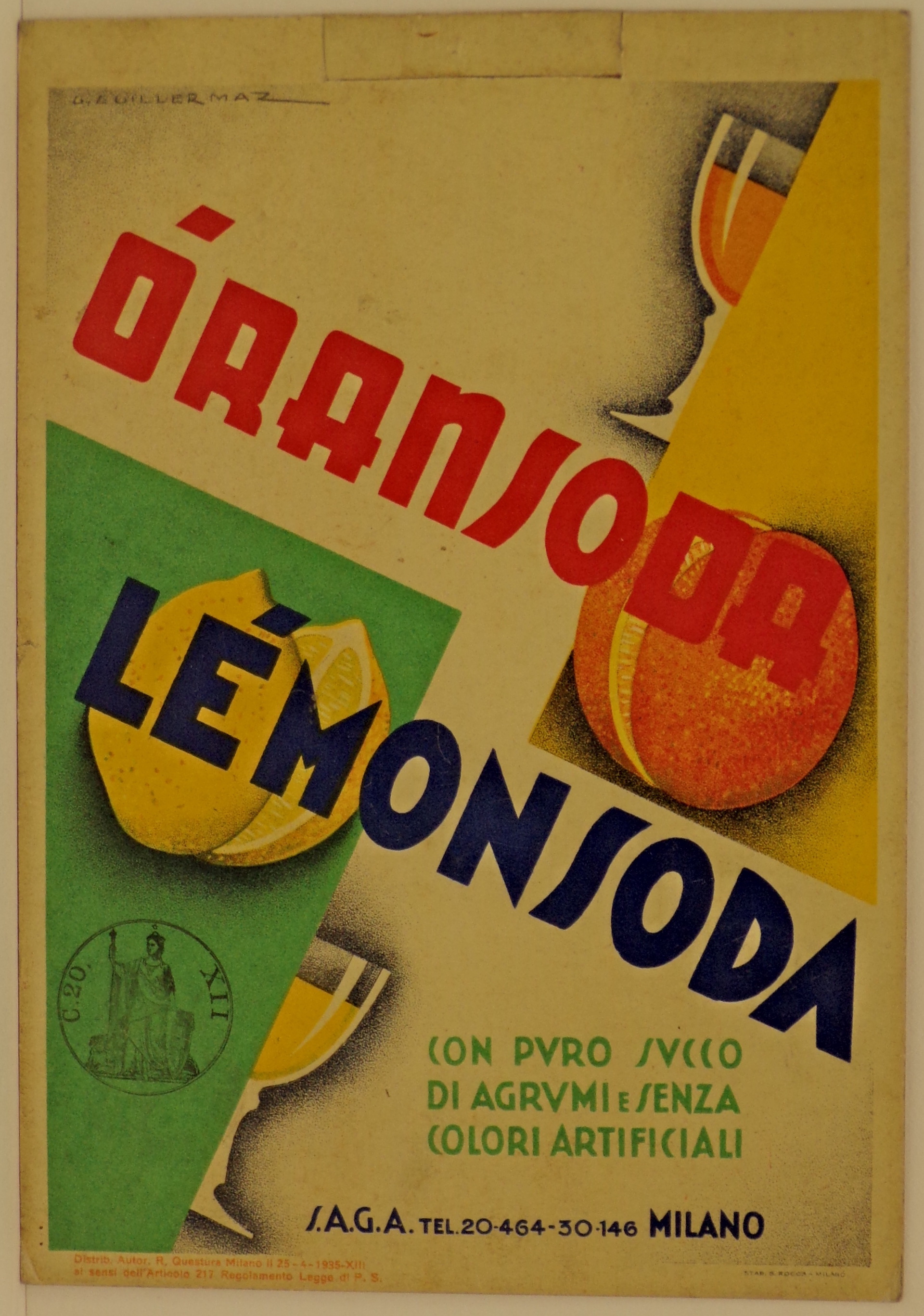 Bicchiere di Oransoda presso un'arancia tagliata a metà e bicchiere di Lemonsoda presso un limone tagliato a metà (locandina) di Guillermaz George - ambito milanese (secondo quarto XX)