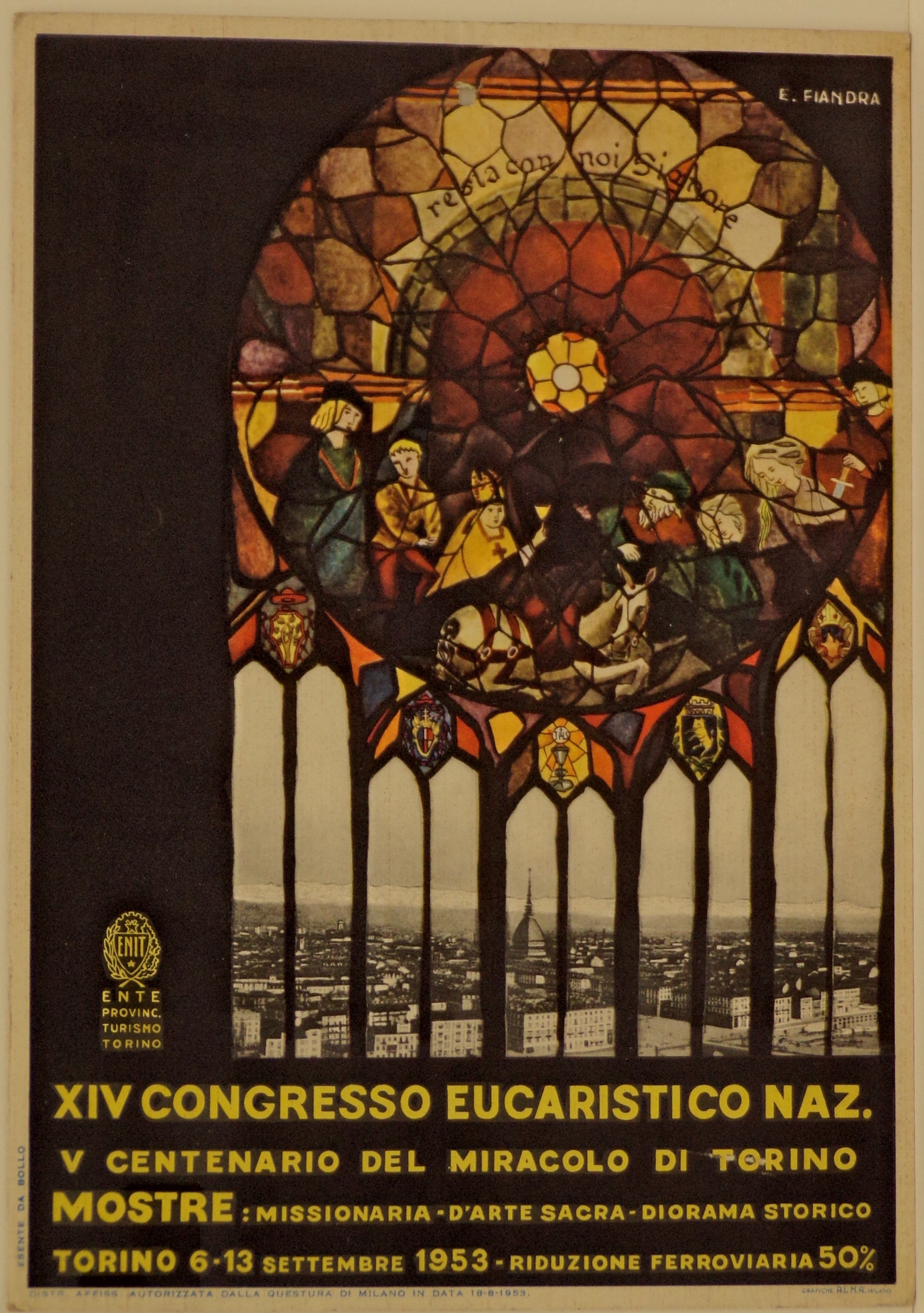 Finestra gotica con rosone vetrato raffigurante il miracolo eucaristico della mula, sullo sfondo veduta fotografica della città di Torino (tabella) - ambito torinese (metà XX)