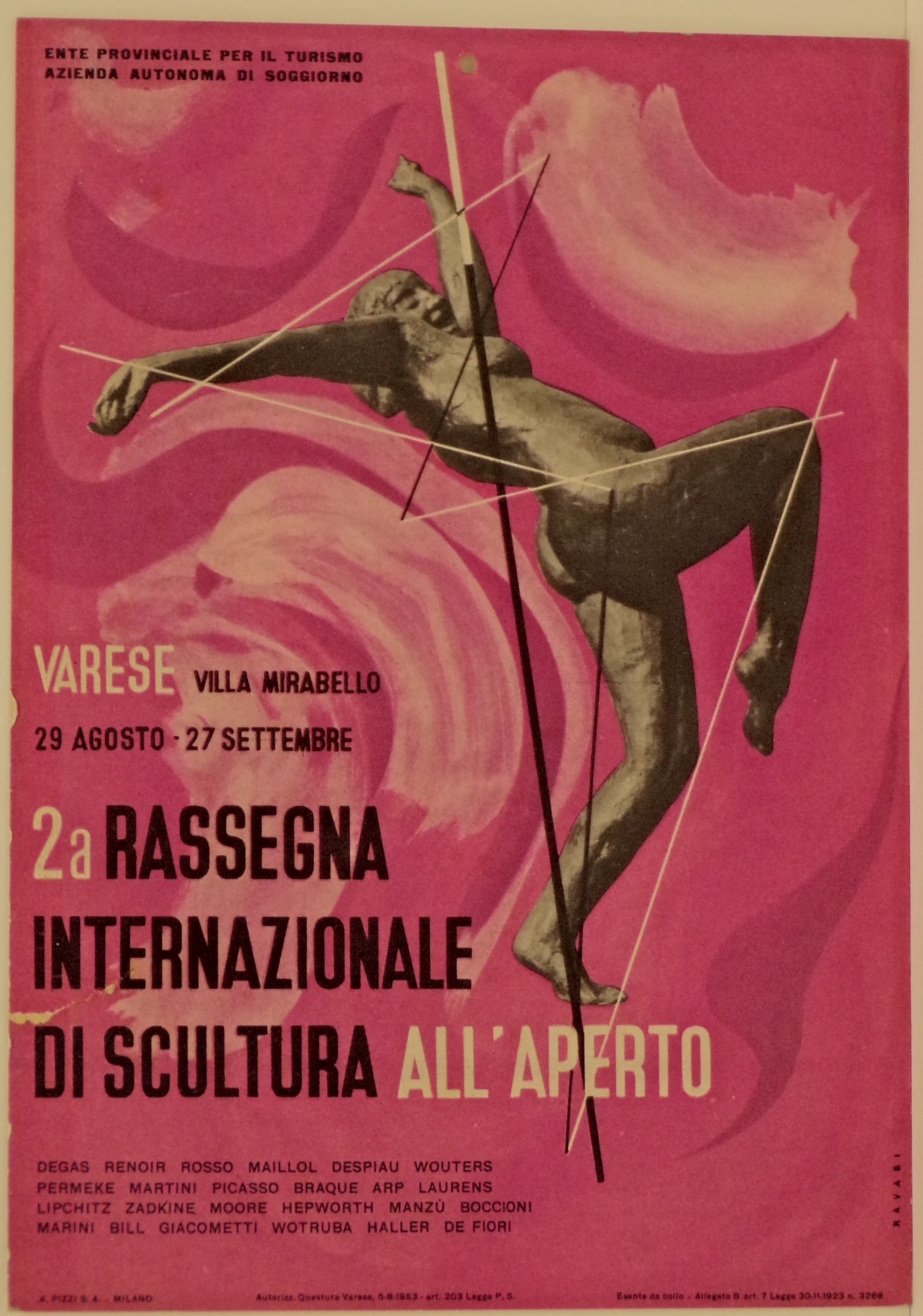 Su fondo fucsia attraversato da pennellate rosa informali, scultura di giovane donna danzante e motivi geometrici astratti (tabella) di Ravasi Bruno - ambito lombardo (metà XX)