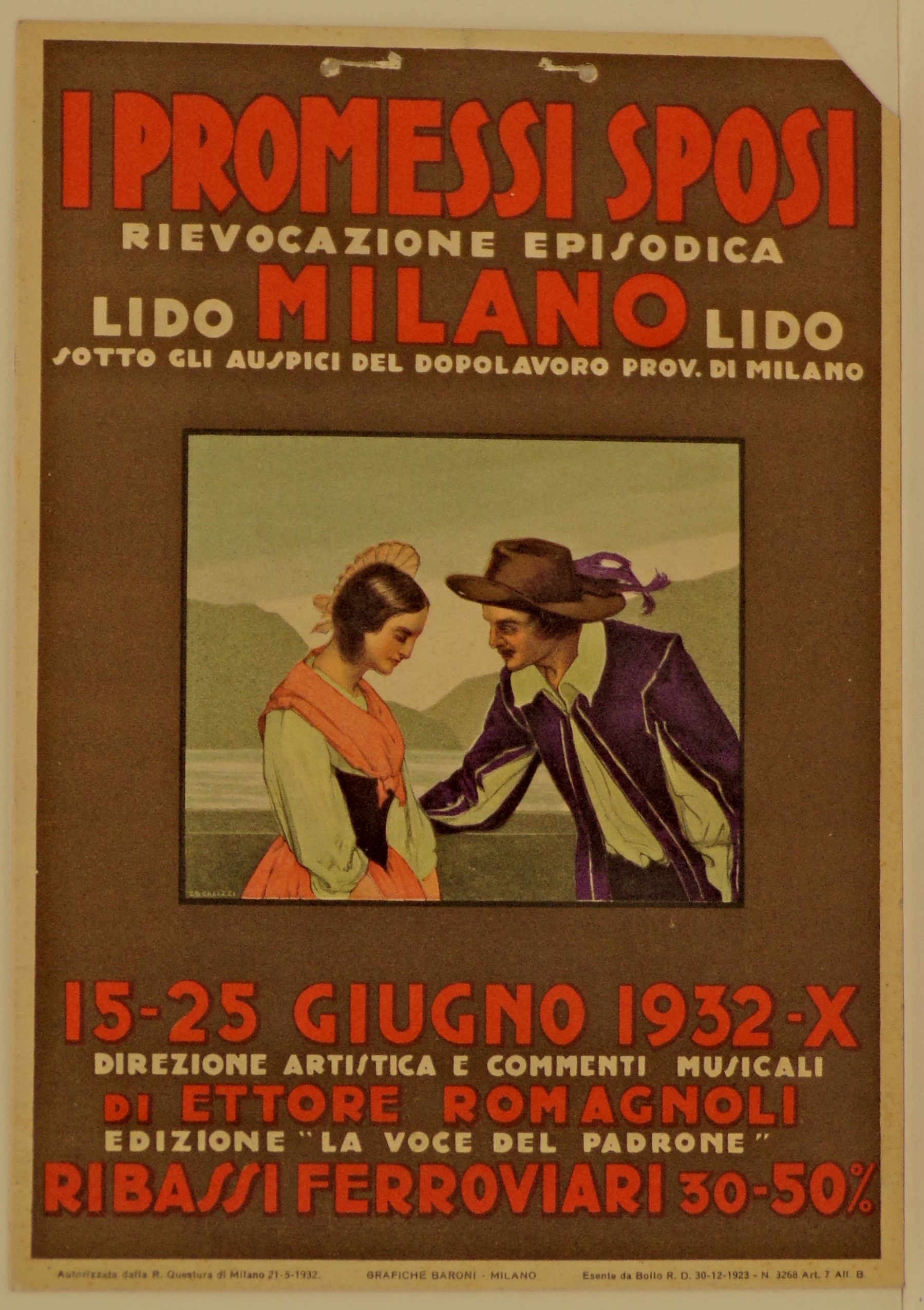 Cromolitografia raffigurante il dialogo tra Renzo Tramaglino e Lucia Mondella sullo sfondo del Lago di Como (locandina) - ambito milanese (secondo quarto XX)