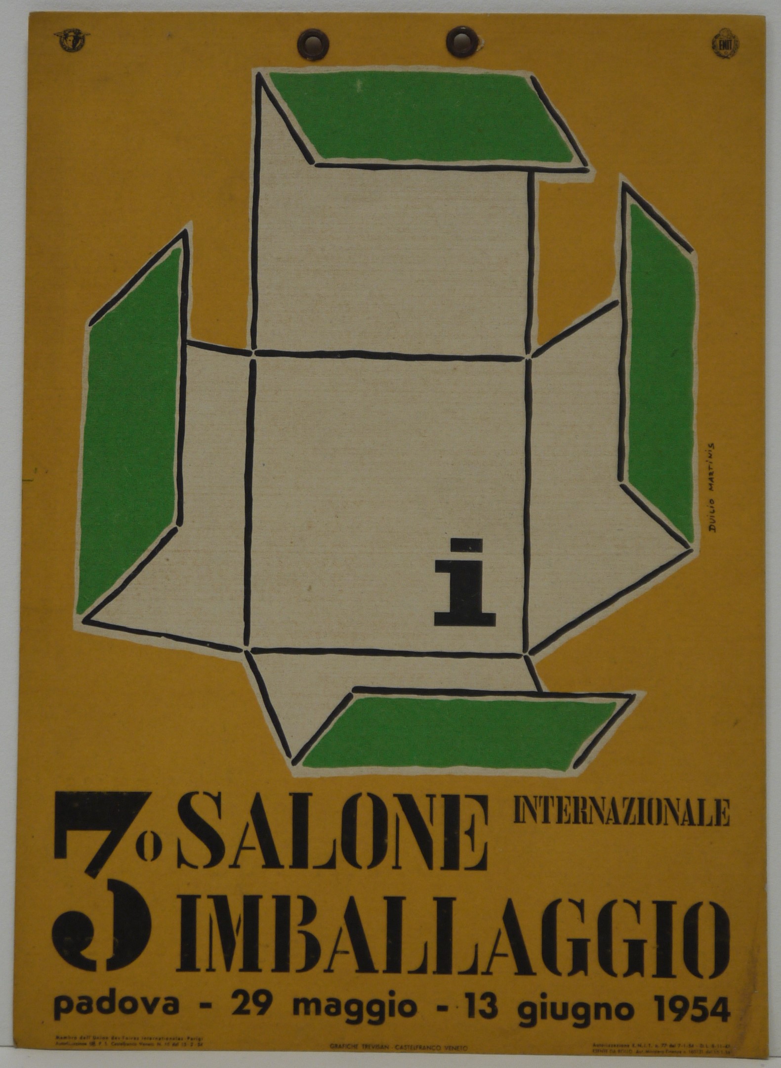 Terzo salone internazionale imballaggio, su fondo arancio, sviluppo di scatola di cartone aperta (locandina) di Martinis Duilio - ambito padovano (metà XX)