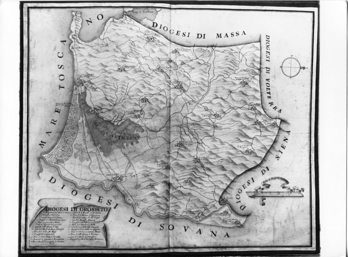 Diogesi di Grosseto, carta geografica della diocesi di Grosseto (cabreo) - ambito toscano (metà sec. XVIII)