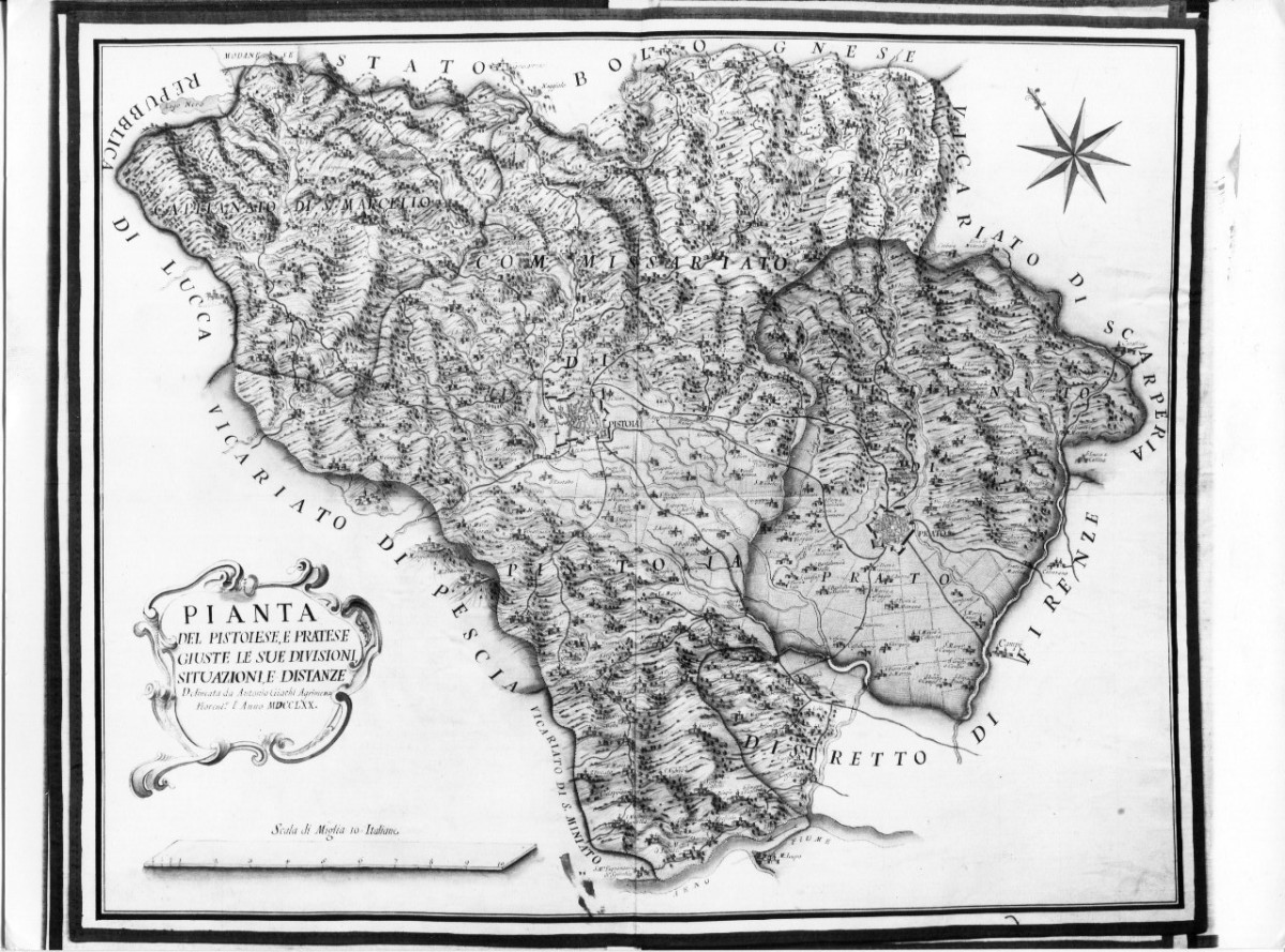 Pianta del Pistoiese e Pratese, carta geografica delle provincie di Pistoia e Prato (cabreo) di Giachi Antonio (XVIII)
