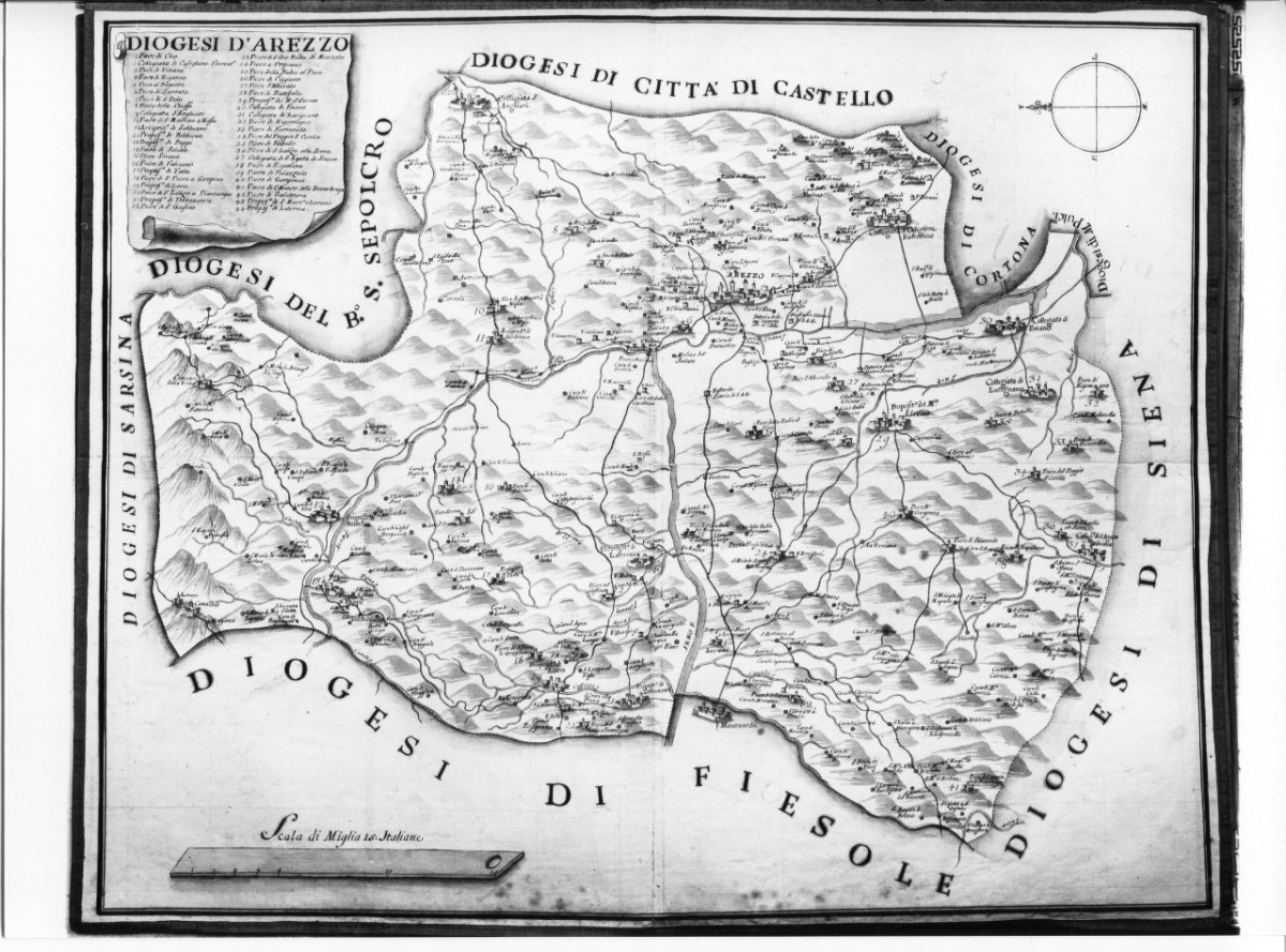 Diogesi d'Arezzo, carta geografica della diocesi di Arezzo (cabreo) - ambito toscano (metà XVIII)